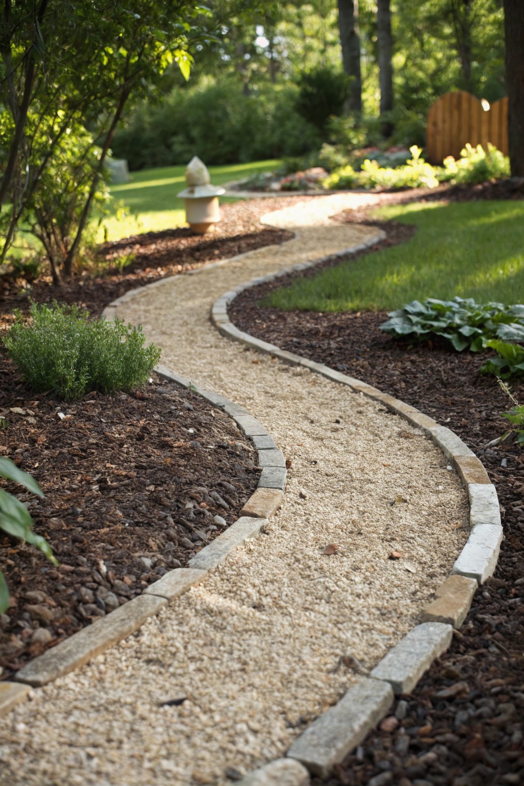 Elegant contrast: a gravel path meets mulched beds for effortless garden structure.