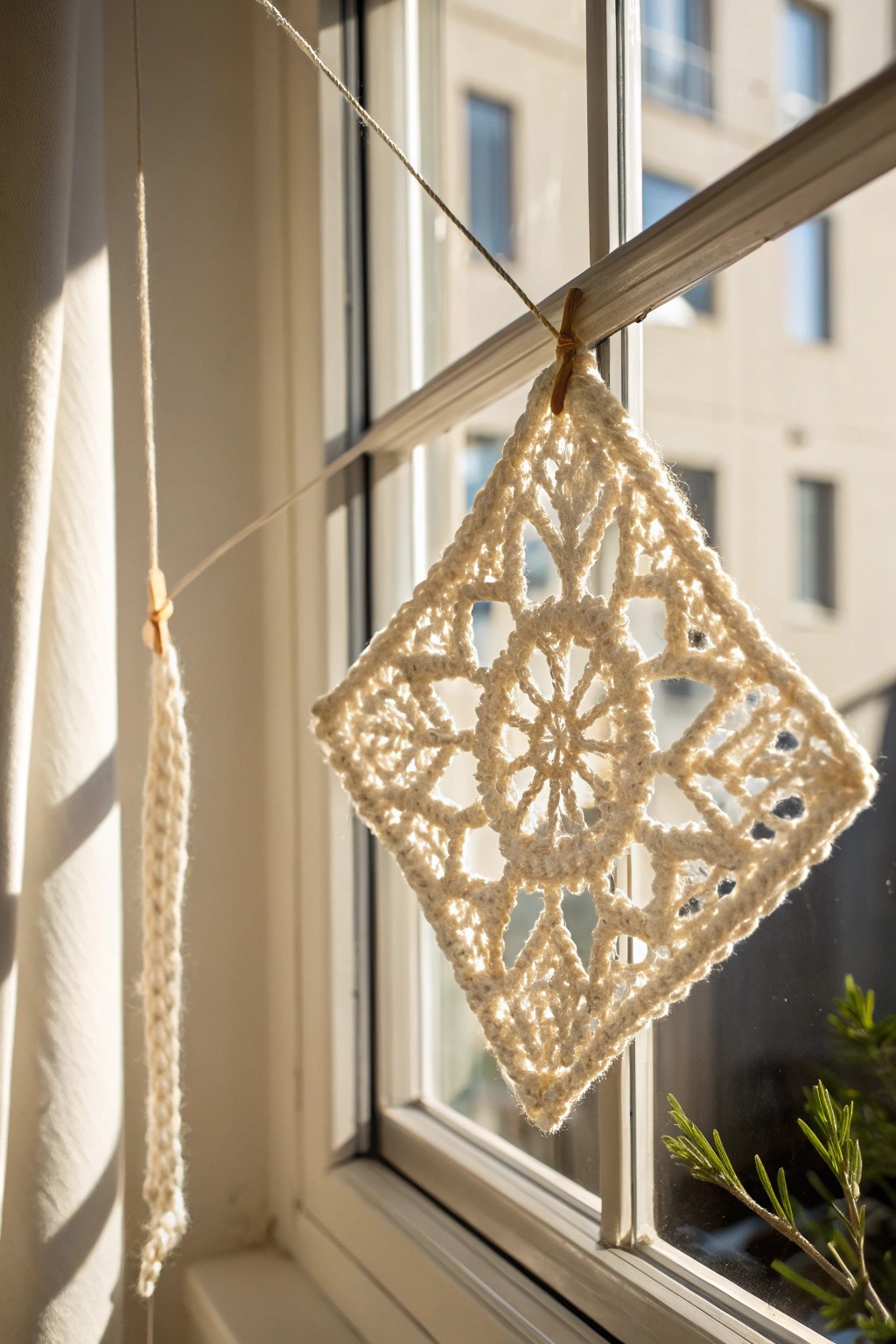 Let the sunlight dance through handcrafted granny squares—minimalist magic for your windows.