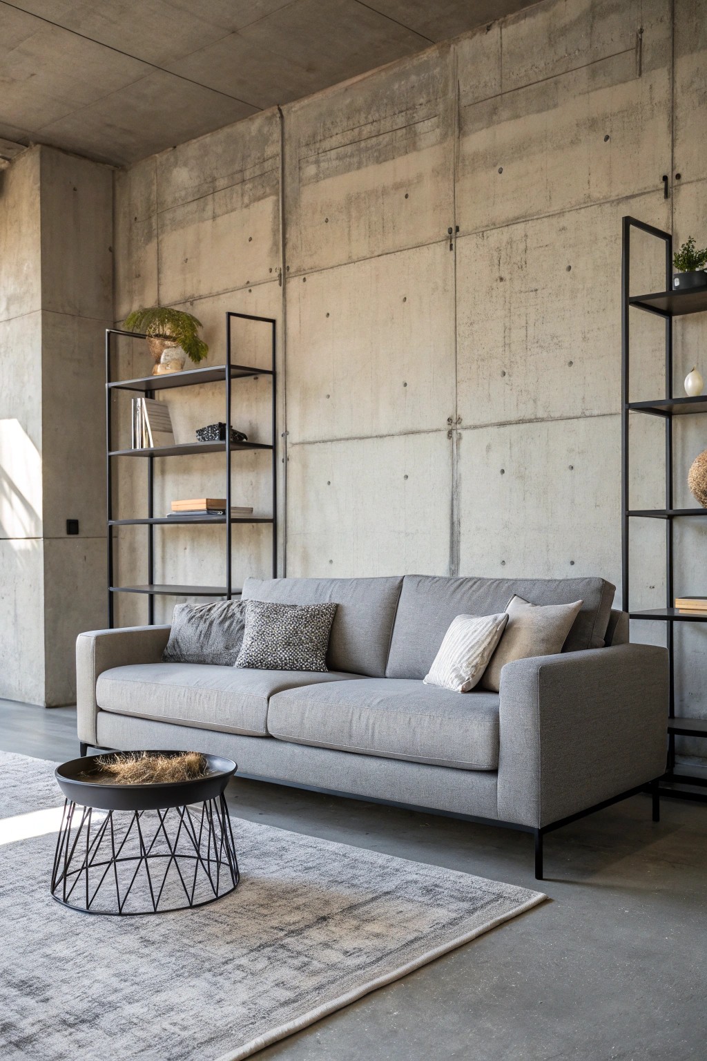 Elevate your living room with the perfect blend of grey, concrete, and metal for effortless industrial chic.