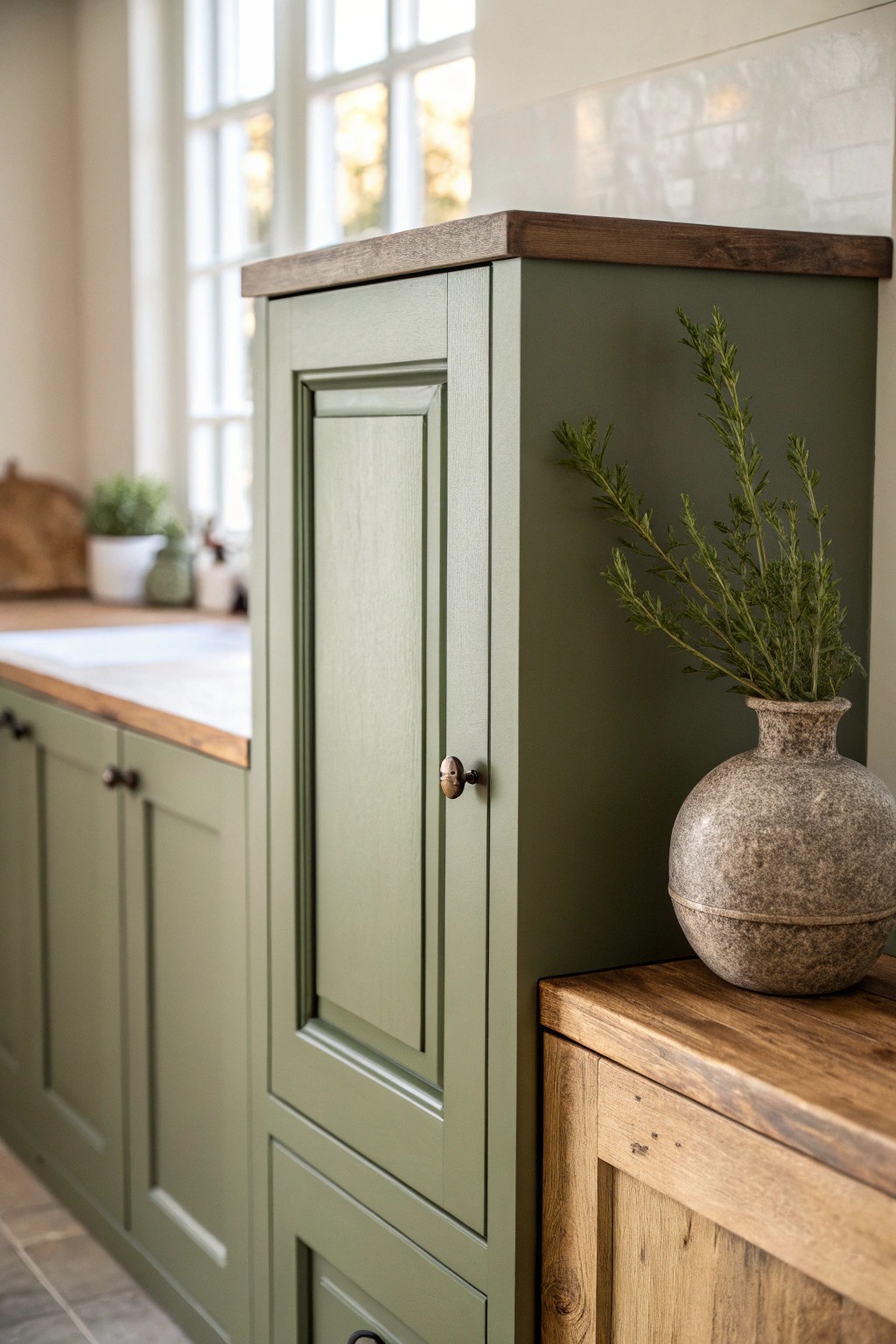 Olive green cabinetry: natural elegance meets understated drama.