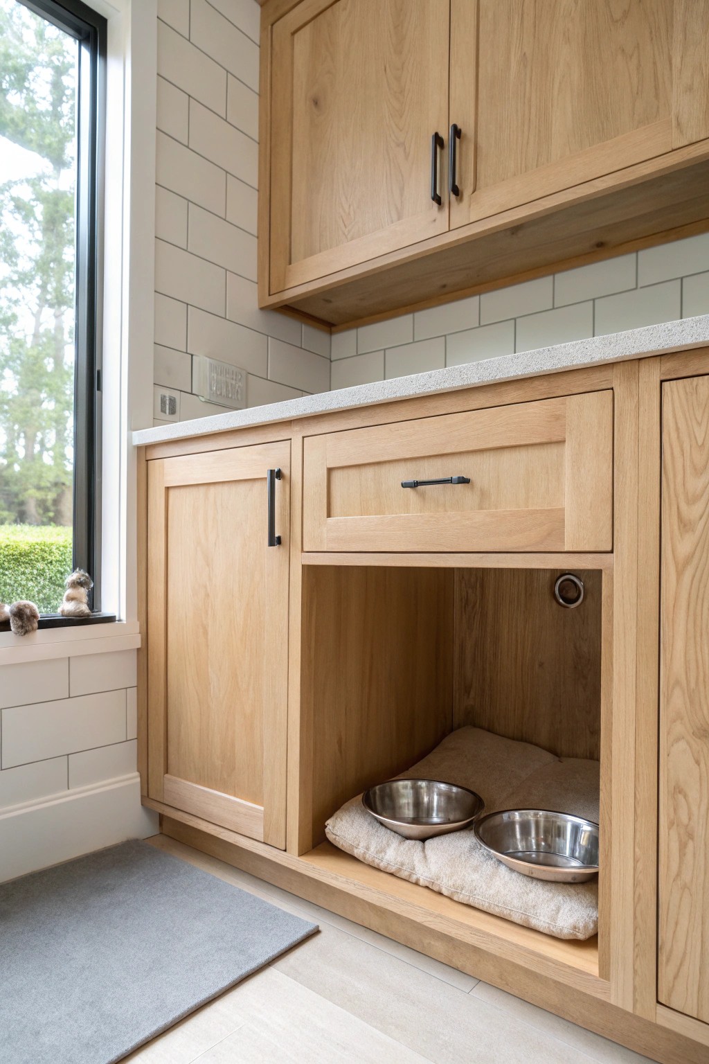 Elevate your laundry room with a charming built-in pet nook—where style meets comfort for every family member.