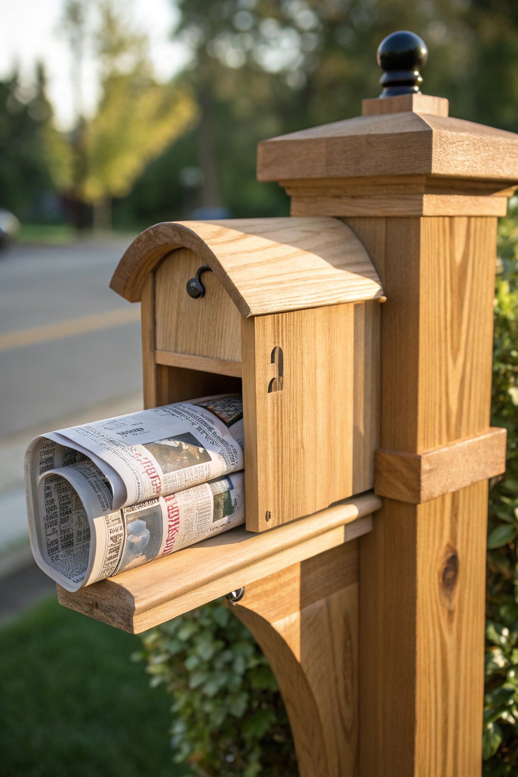 Charming wooden mailbox post with a built-in newspaper slot—classic function meets timeless style.