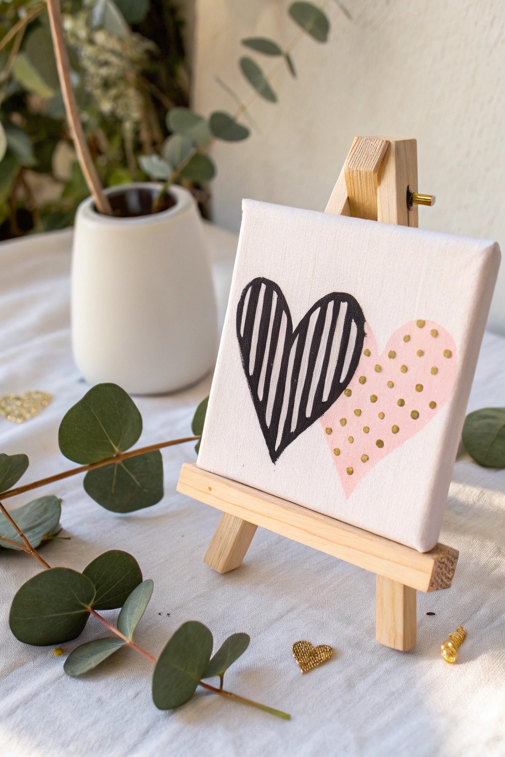 Chic patterned hearts: a mini canvas masterpiece for your cozy, creative nook.