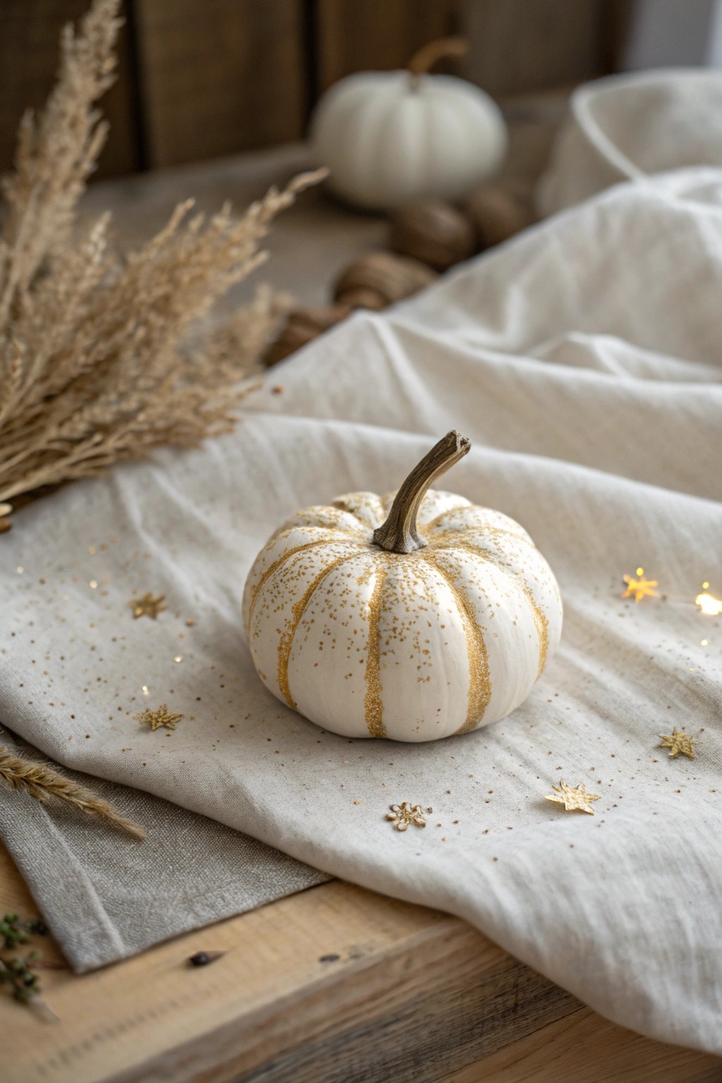 A touch of glitter transforms a mini pumpkin into a sparkling centerpiece—effortless glamour meets minimalism.