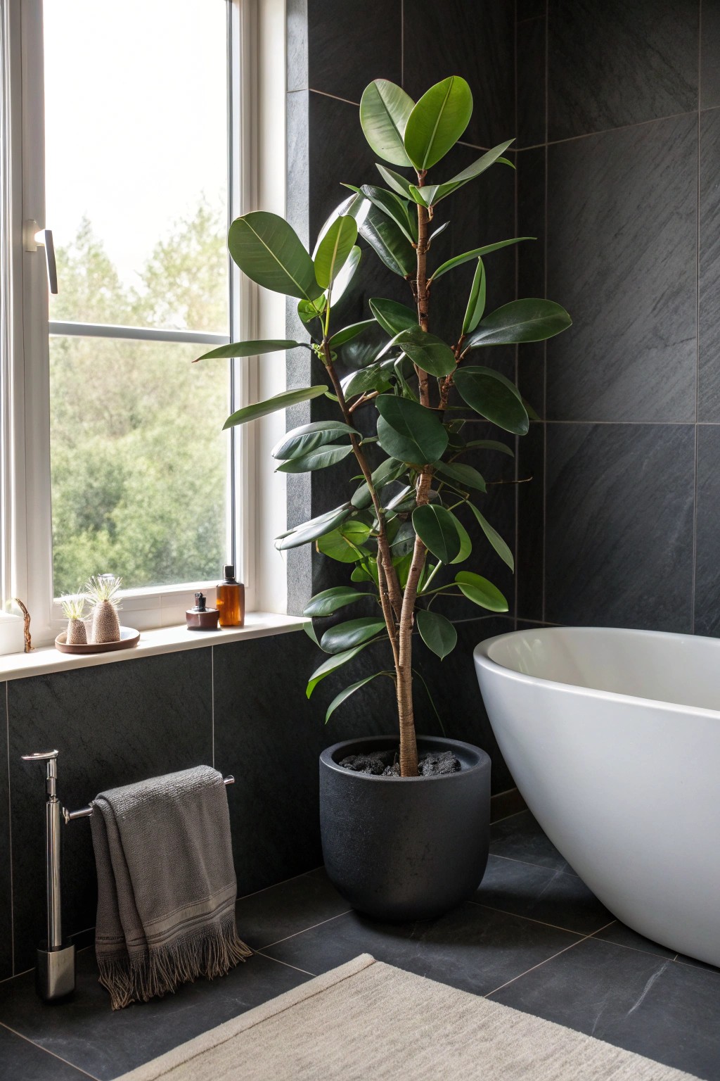 A bold burst of green: let an oversized plant transform your moody bathroom with natural contrast.