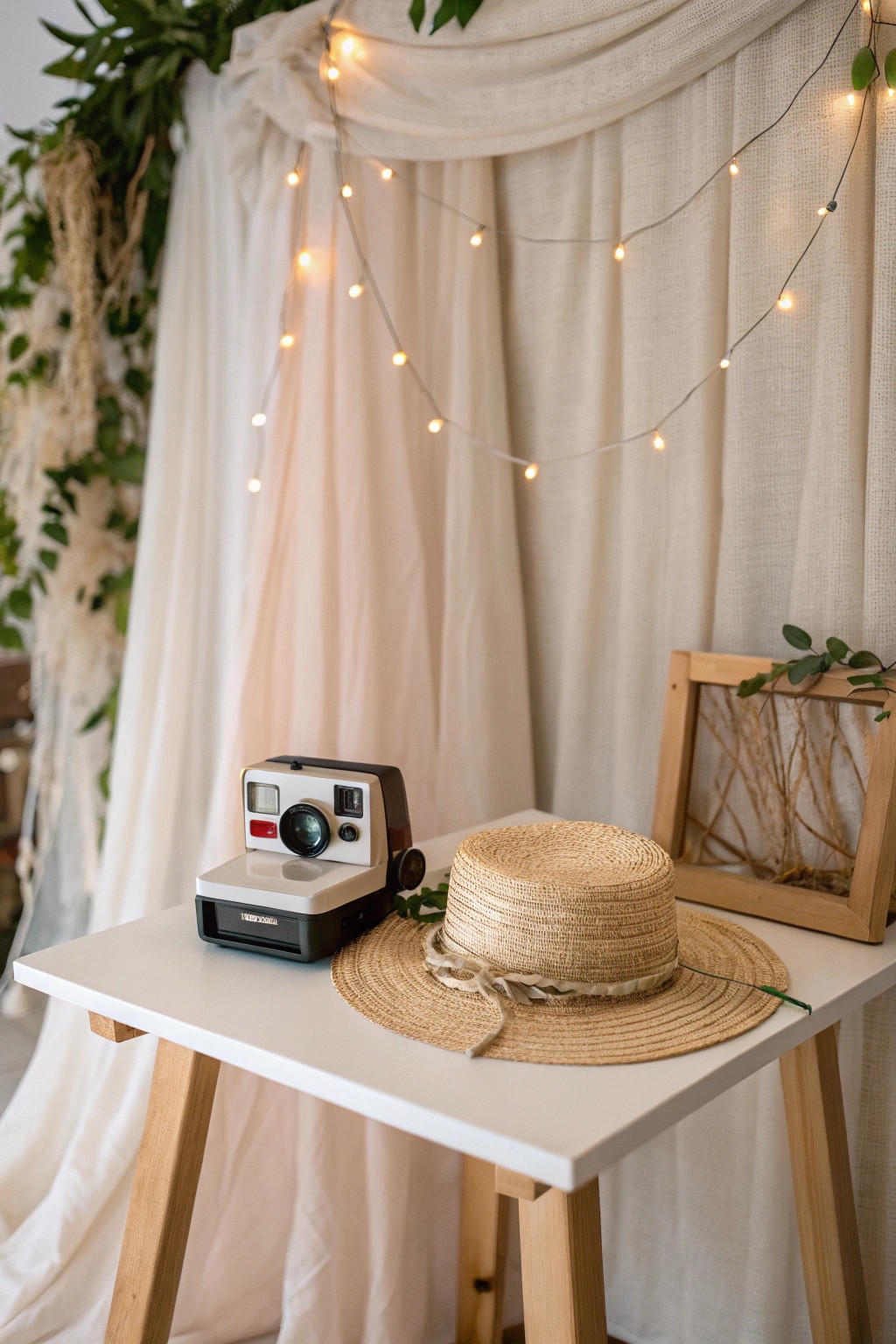 Capture the moment: a dreamy minimalist photo booth setup for your next movie night.