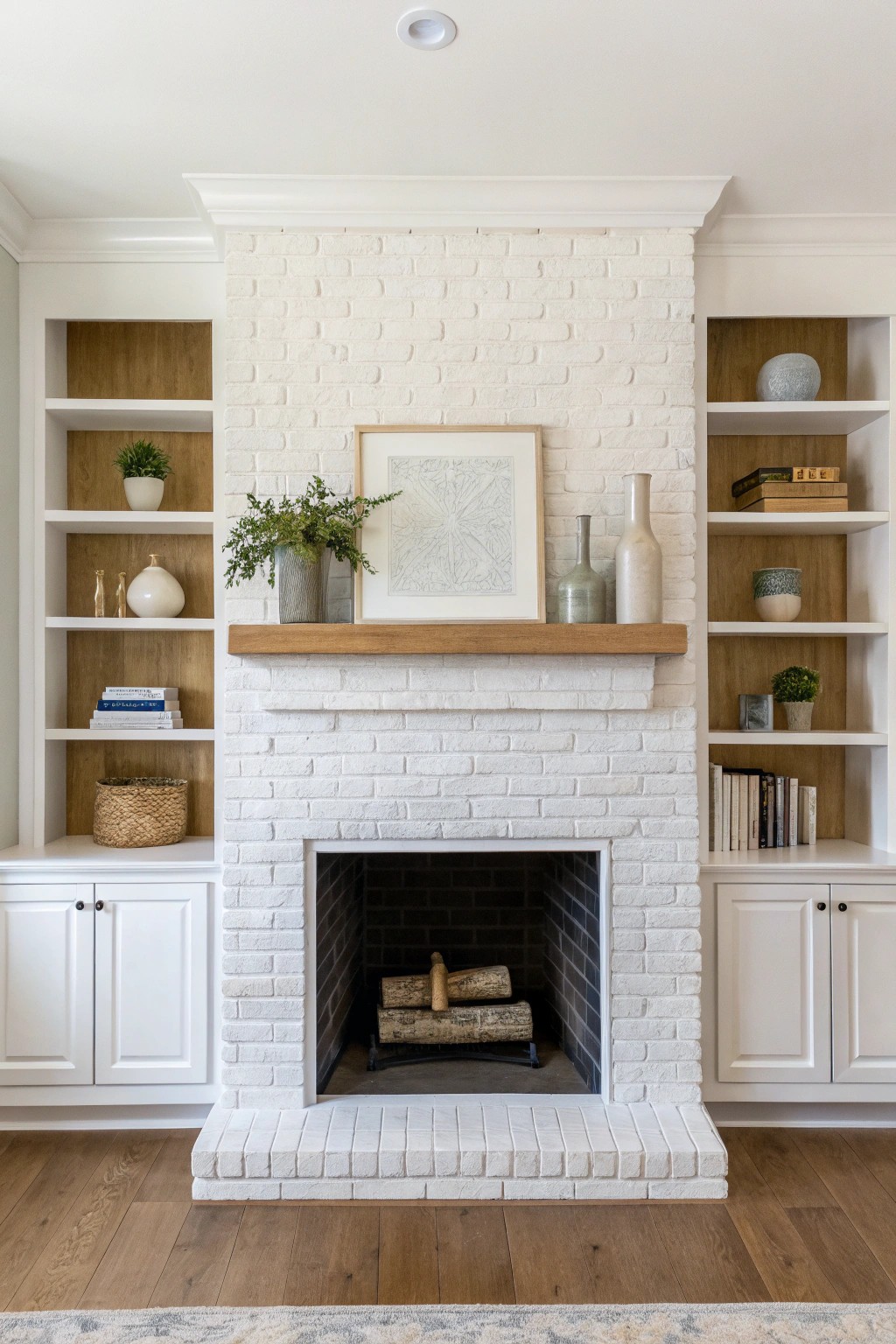 Cohesive charm: A painted brick fireplace with matching built-ins brings natural symmetry and effortless style.