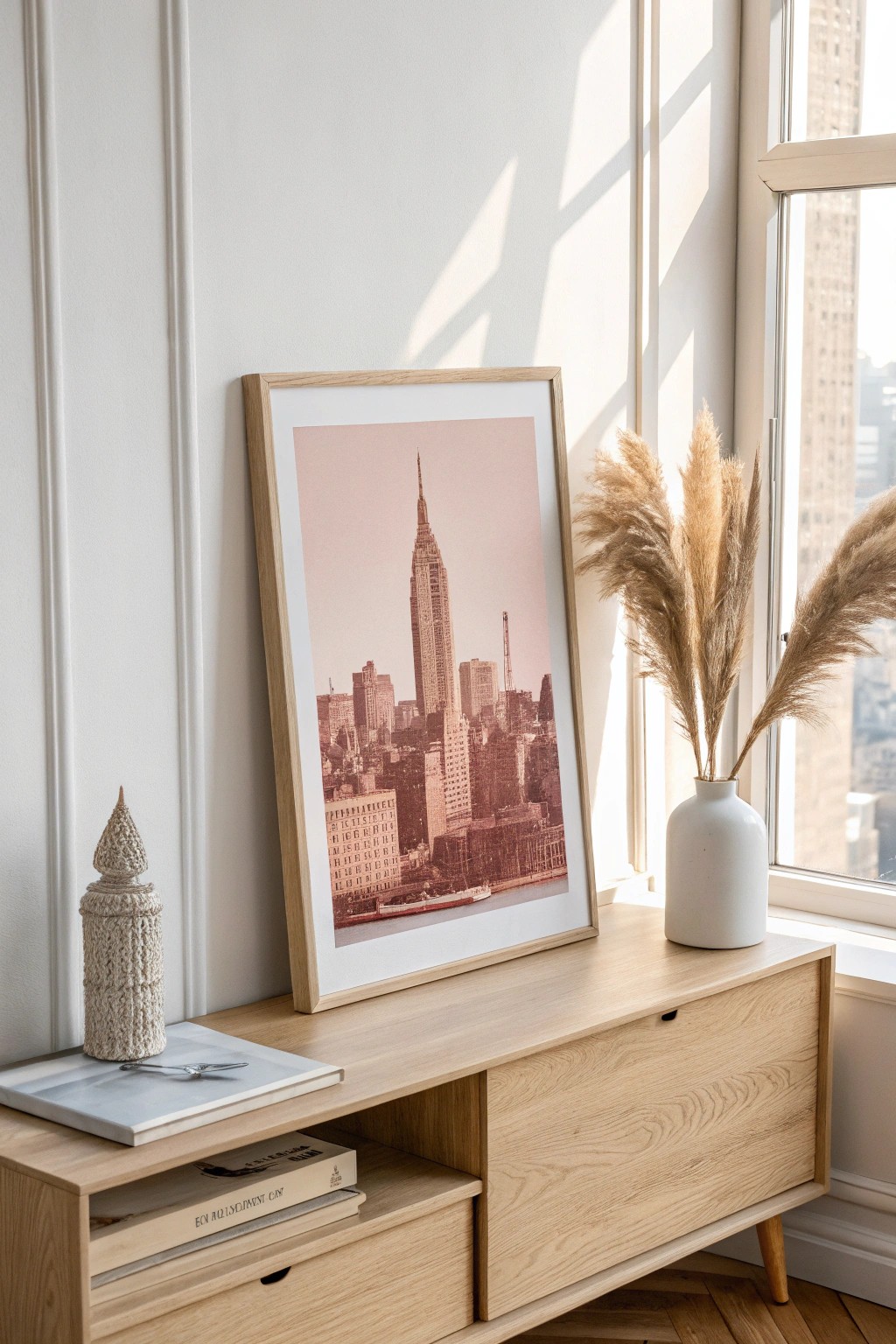 Scandi-boho style meets modern art: a dreamy duotone cityscape for your walls.
