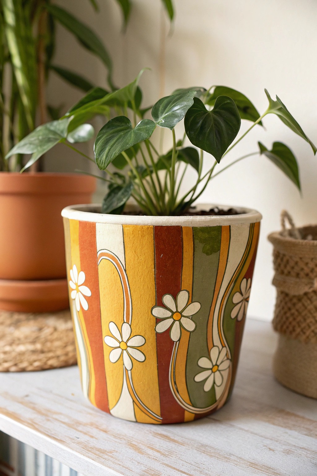 Bring retro charm home—painted pots with 70s stripes and daisies for a nostalgic, minimalist touch.