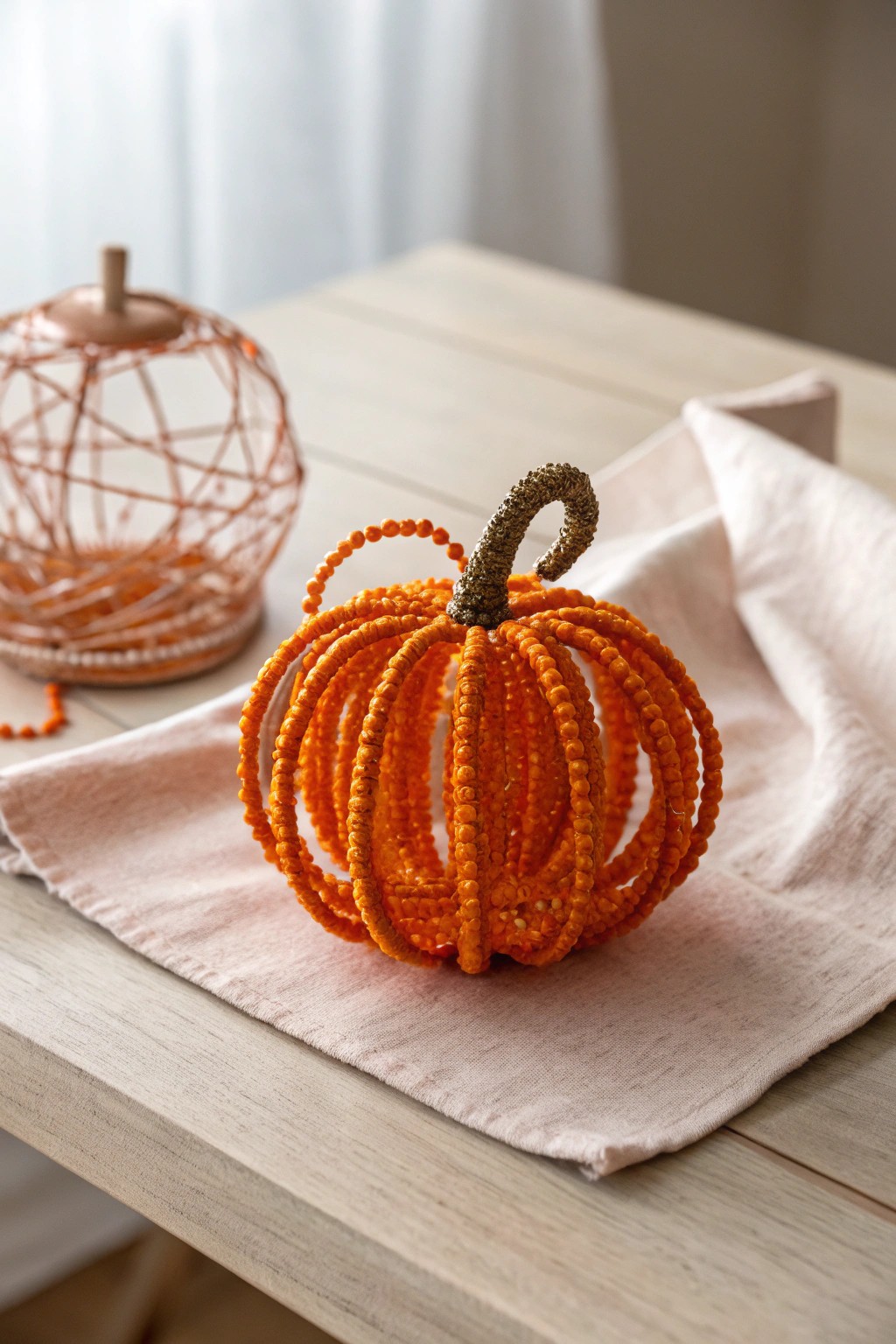 Handcrafted beaded pipe cleaner pumpkin—autumn elegance meets artisanal charm.
