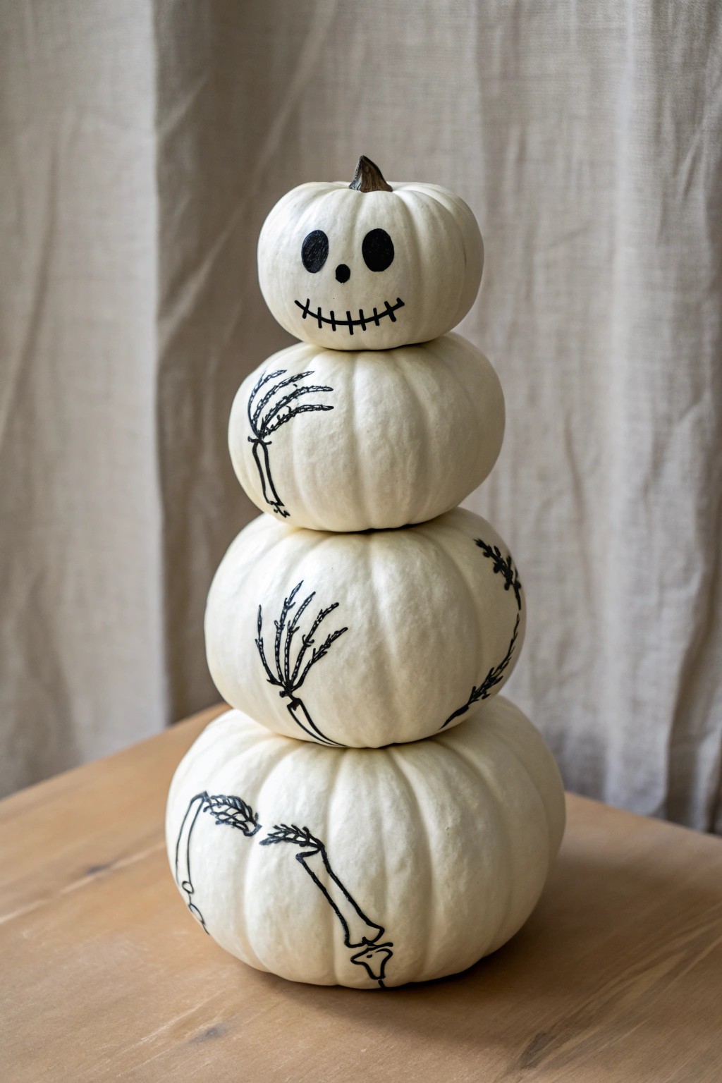 Chic Skeleton Pumpkin Stack: Minimalist Halloween elegance with a playful twist.