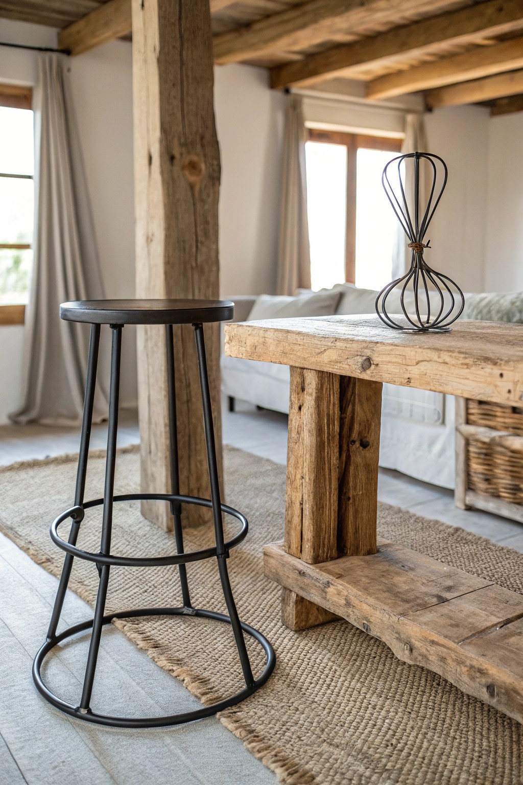 Striking harmony: industrial iron meets warm wood in rustic elegance.