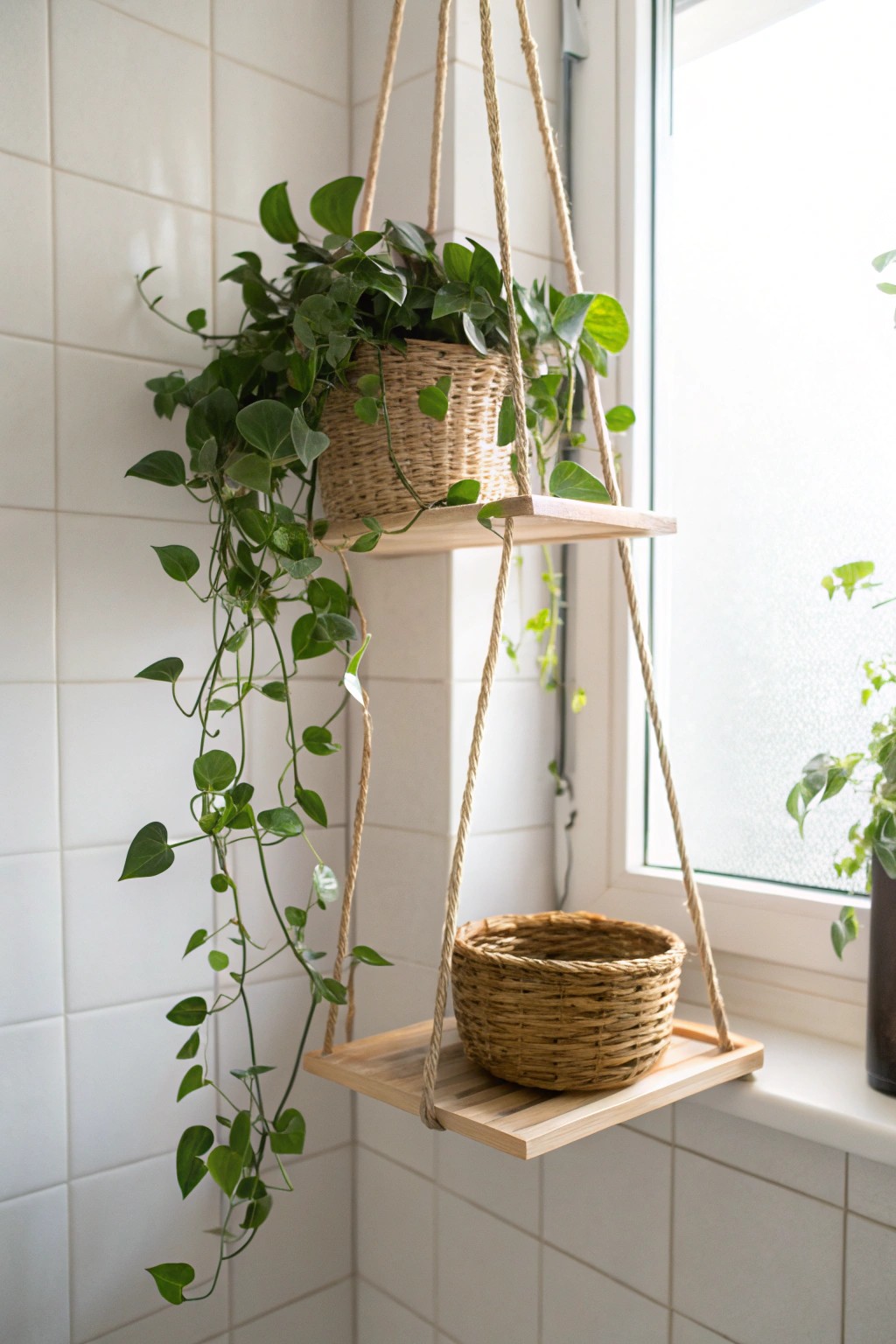 Elevate small bathroom storage with a touch of greenery and natural elegance.