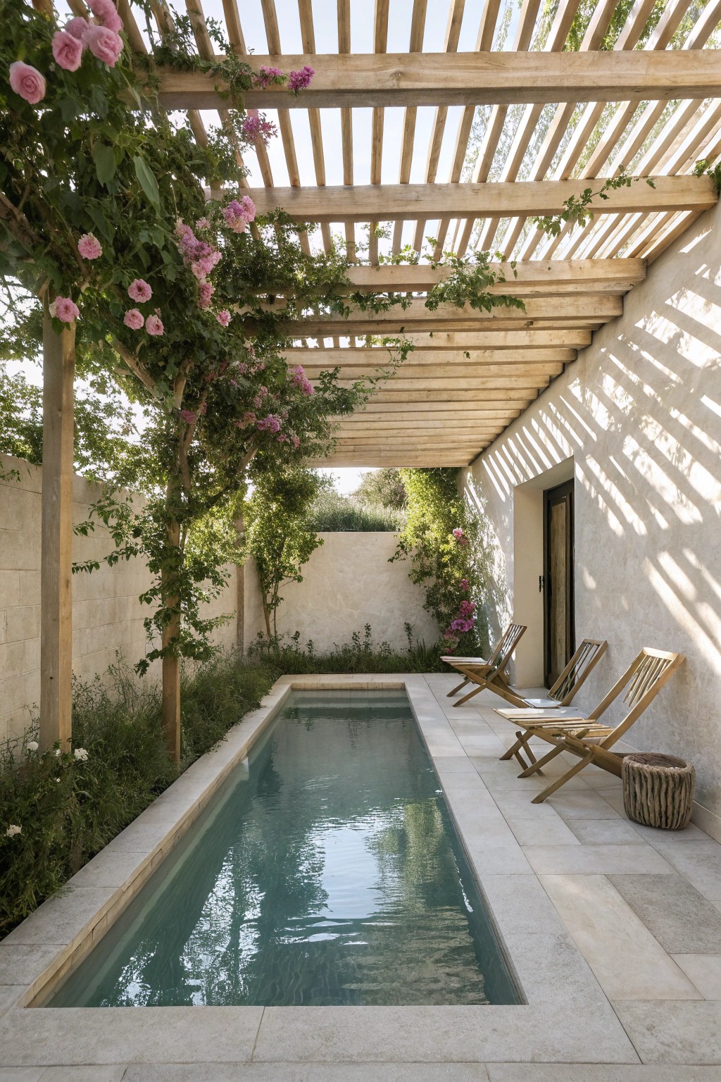 A serene small pool tucked under a fragrant rose-draped pergola—simple luxury at its finest.
