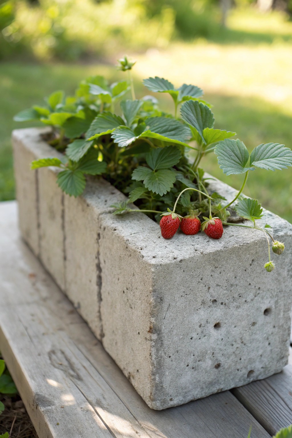 Simple beauty: strawberries thriving in a handcrafted concrete block planter