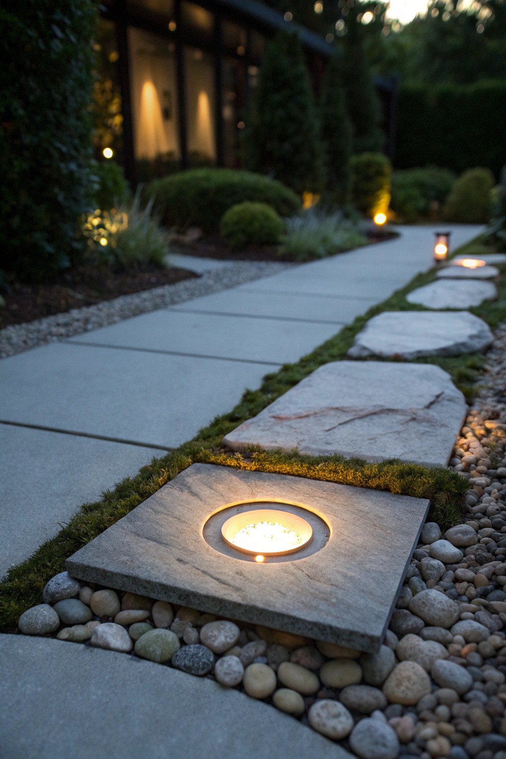 Modern magic: A sunken LED transforms this stone walkway into a glowing path.