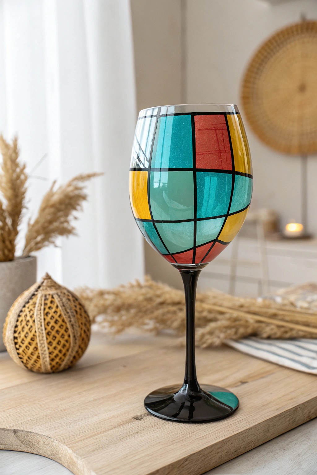 Bring retro charm to your table with bold, hand-painted color block wine glasses.