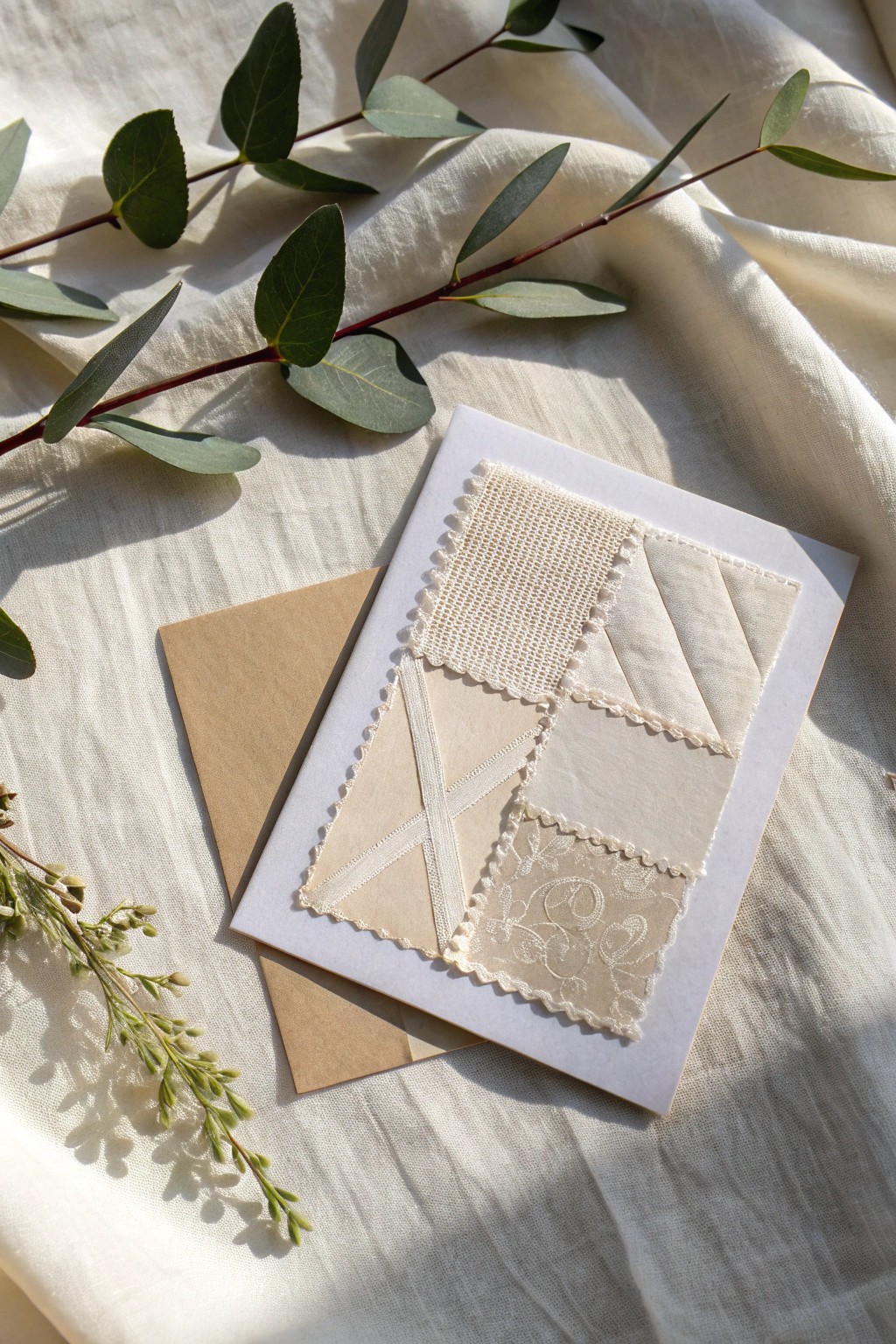 Celebrate love with a handcrafted fabric collage card—simple, natural, and uniquely yours.