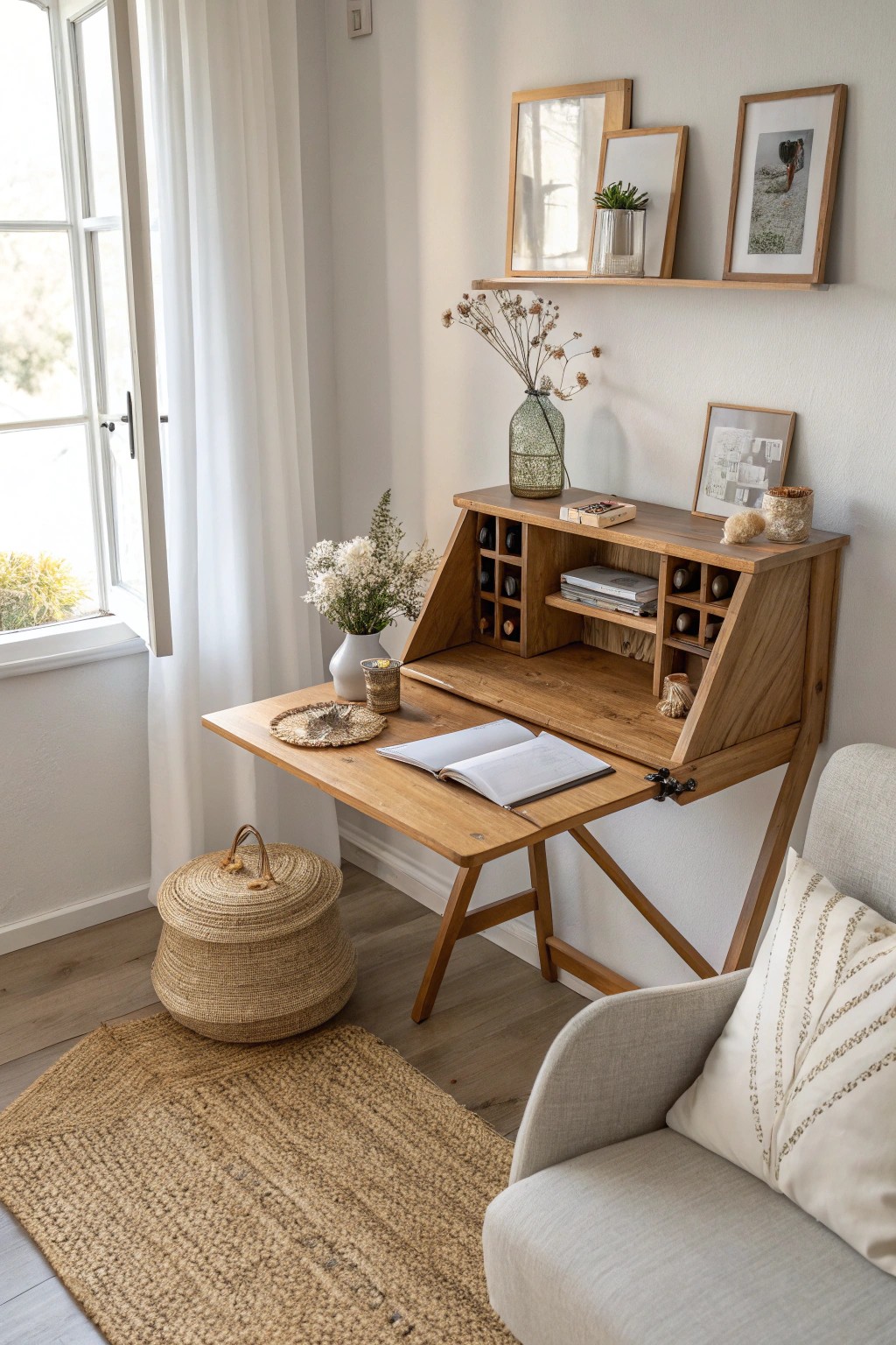 Effortless style meets clever function: the fold-down desk, perfect for small living rooms.