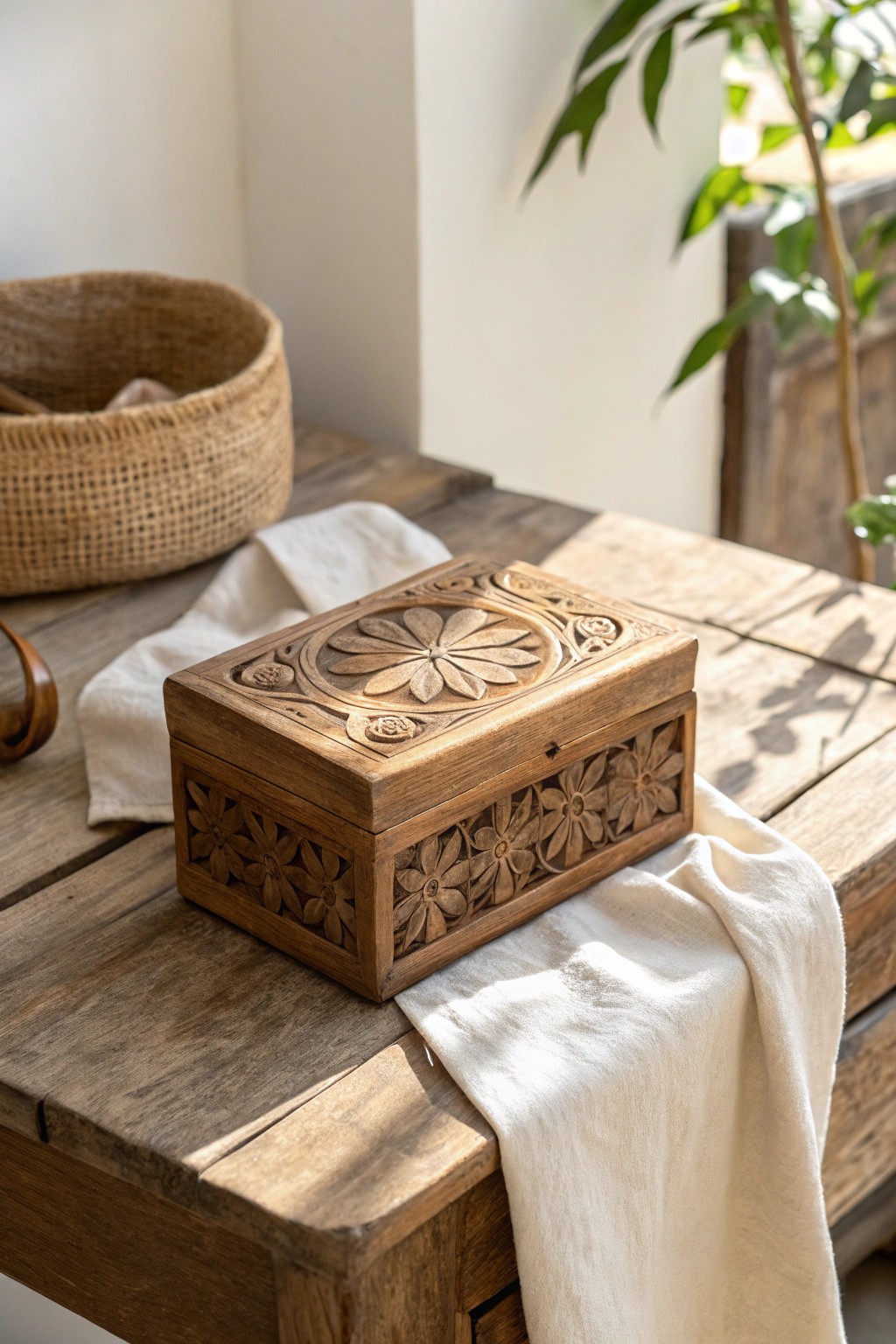 A cherished artifact: Hand-carved box from Jaipur adds soul and story to your boho sanctuary.