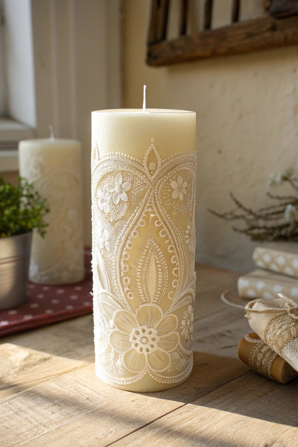 Romantic lace-painted candle: effortless elegance for any occasion.