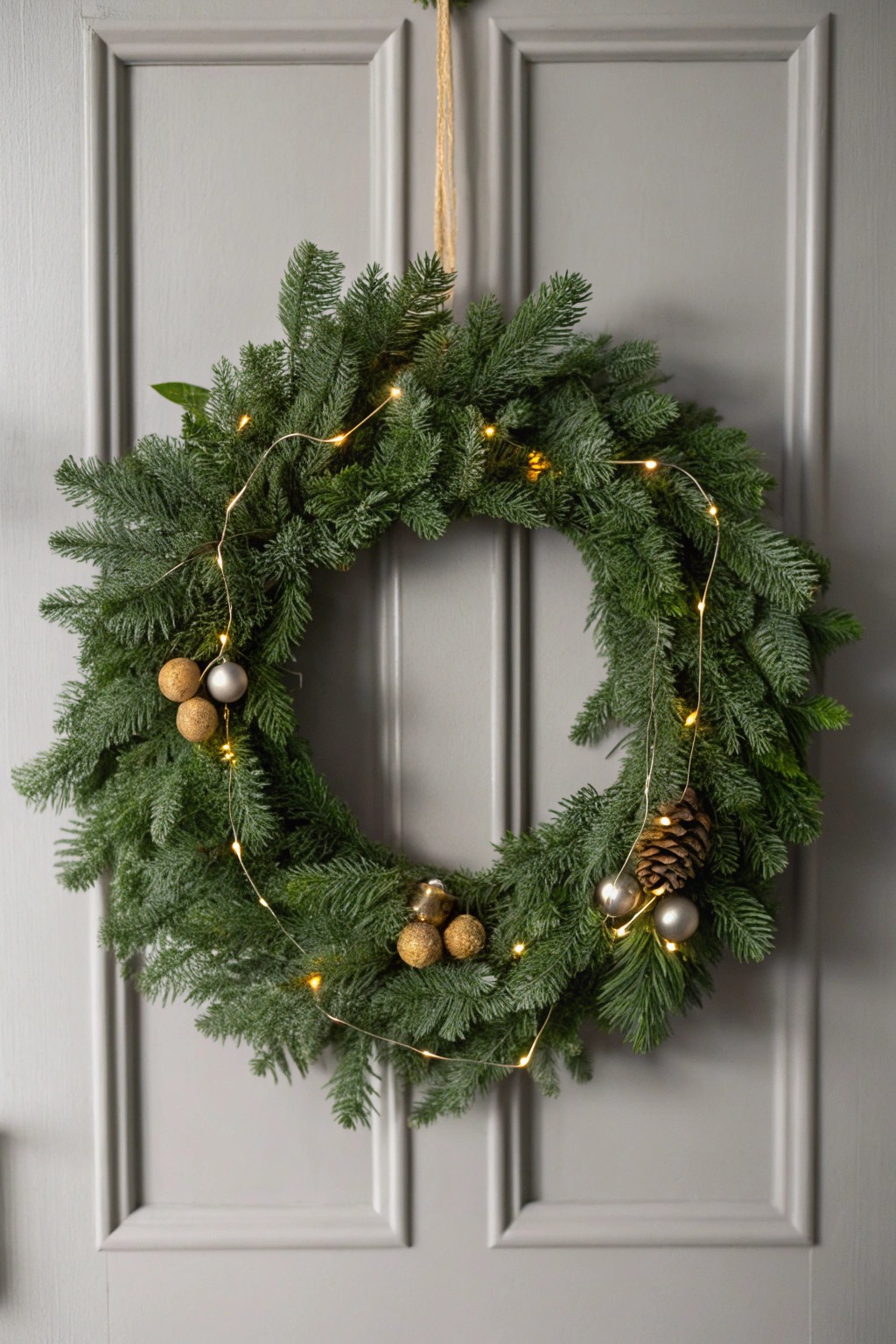 Elevate your entryway with a handcrafted tree-shaped wreath—simple, stunning, and full of holiday charm.