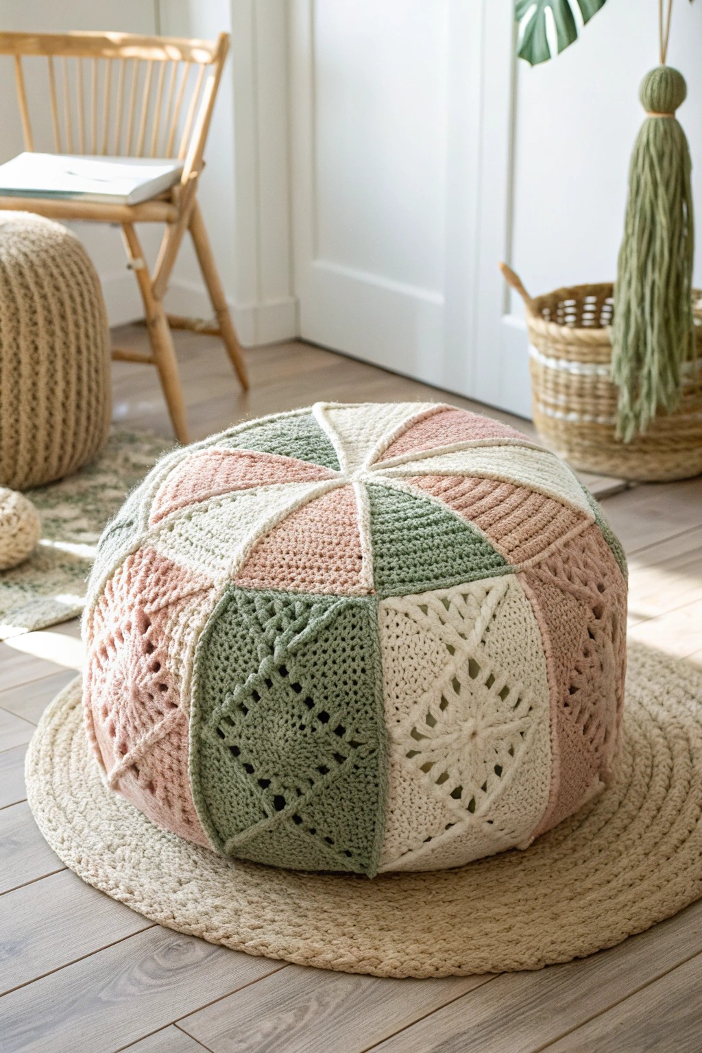 Handmade comfort: A cozy patchwork crochet pouf with minimalist boho flair.