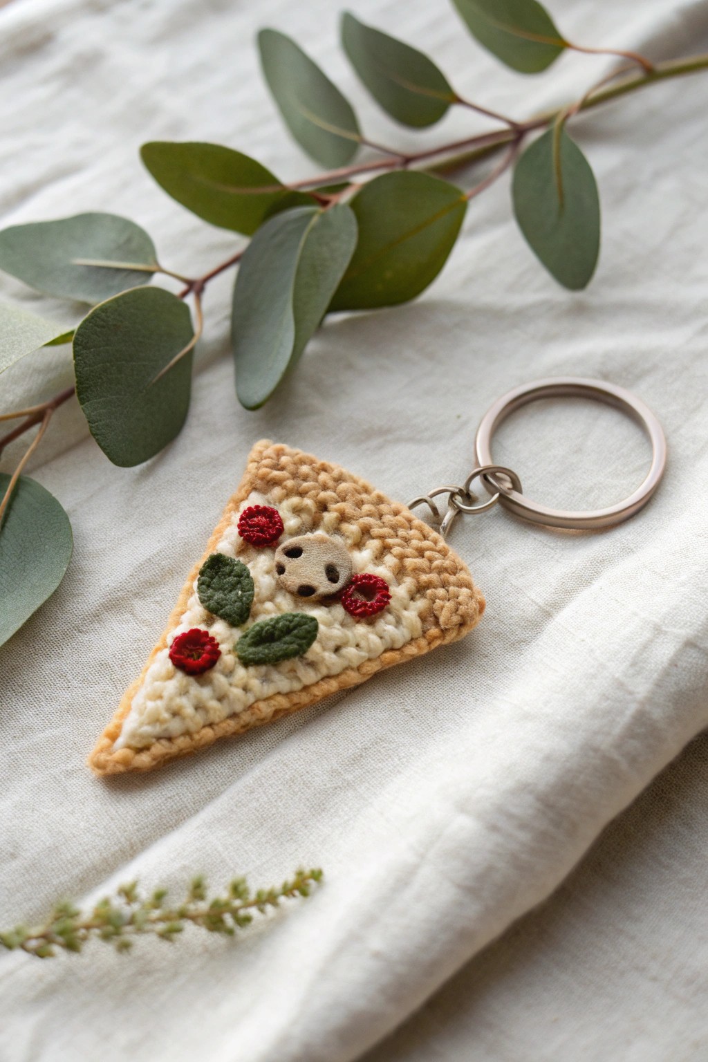 Chic and playful: a minimalist crochet pizza slice keychain for your everyday adventures.