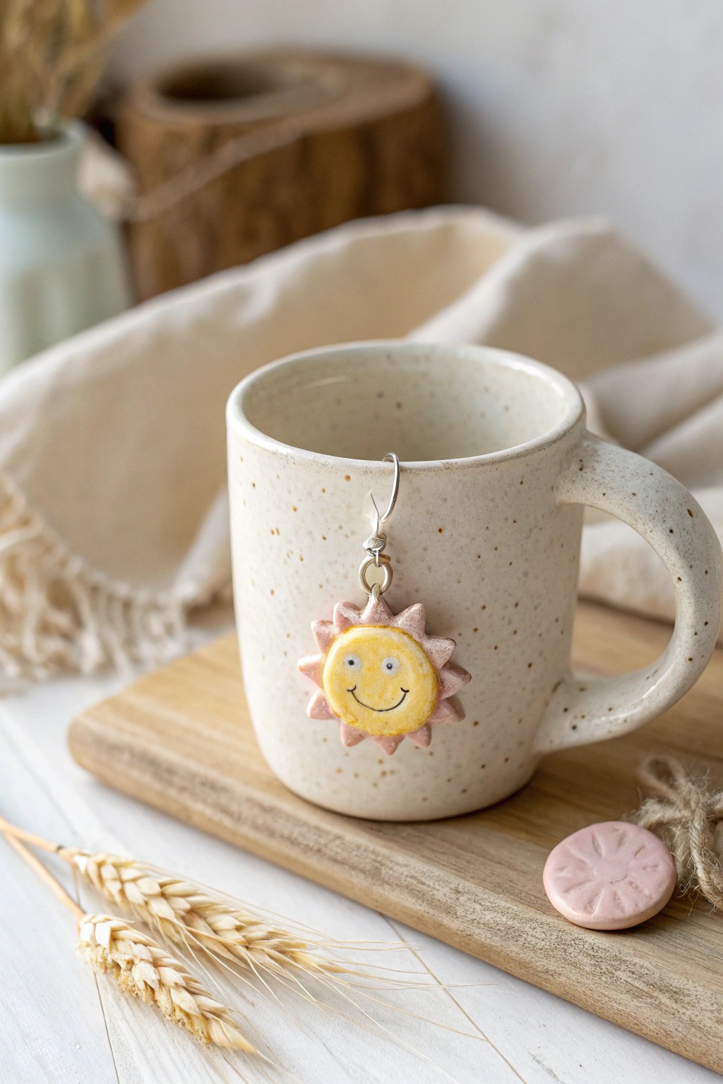 Brighten your morning: a handcrafted mug with a charming, smiling sun clay accent.