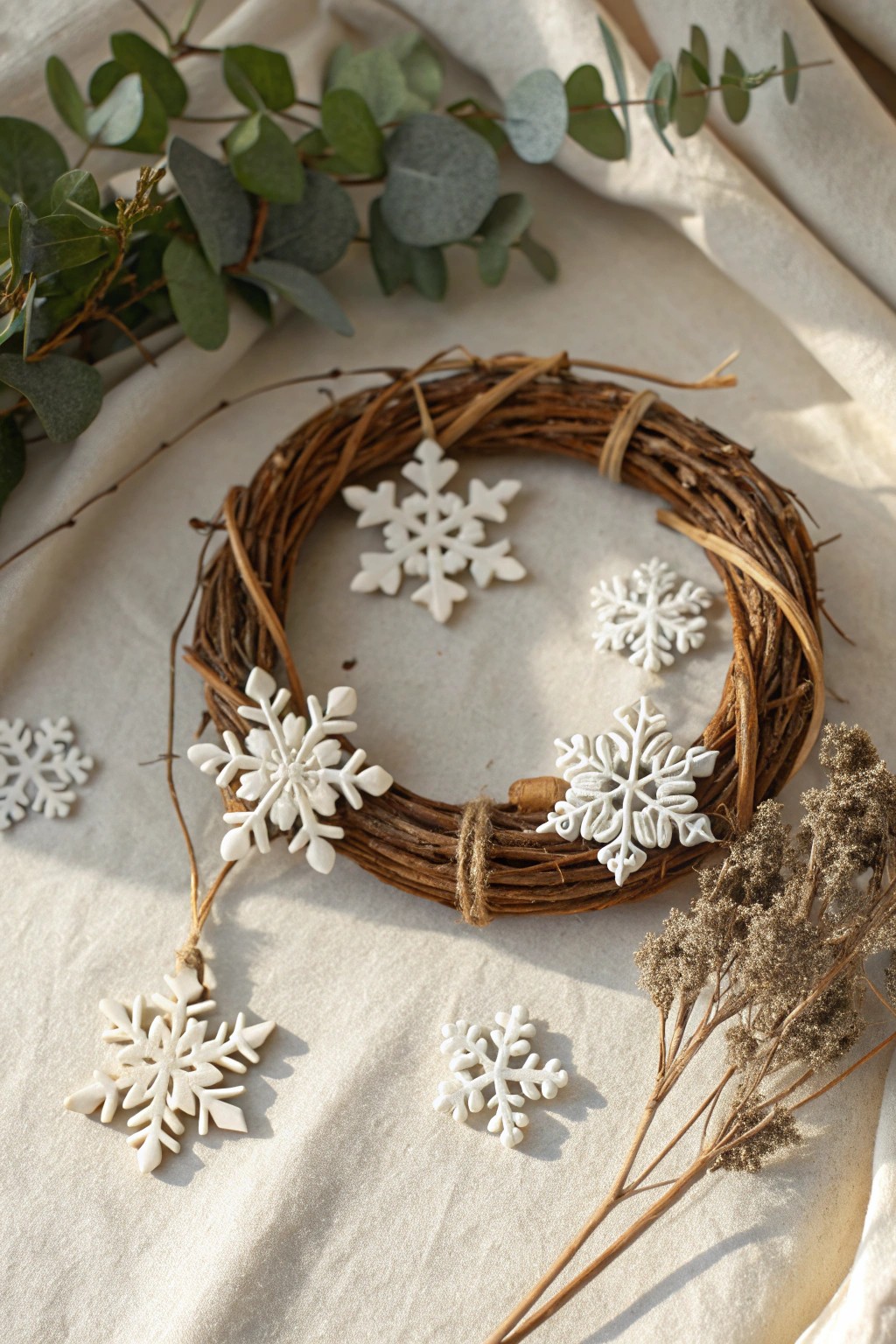 Handcrafted salt dough snowflake wreath—Scandinavian simplicity with a wintery, feminine touch.