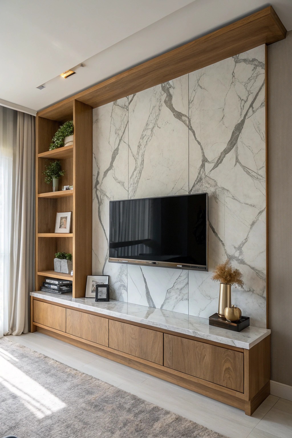 Elevate your space with the timeless beauty of a marble-accented entertainment center.