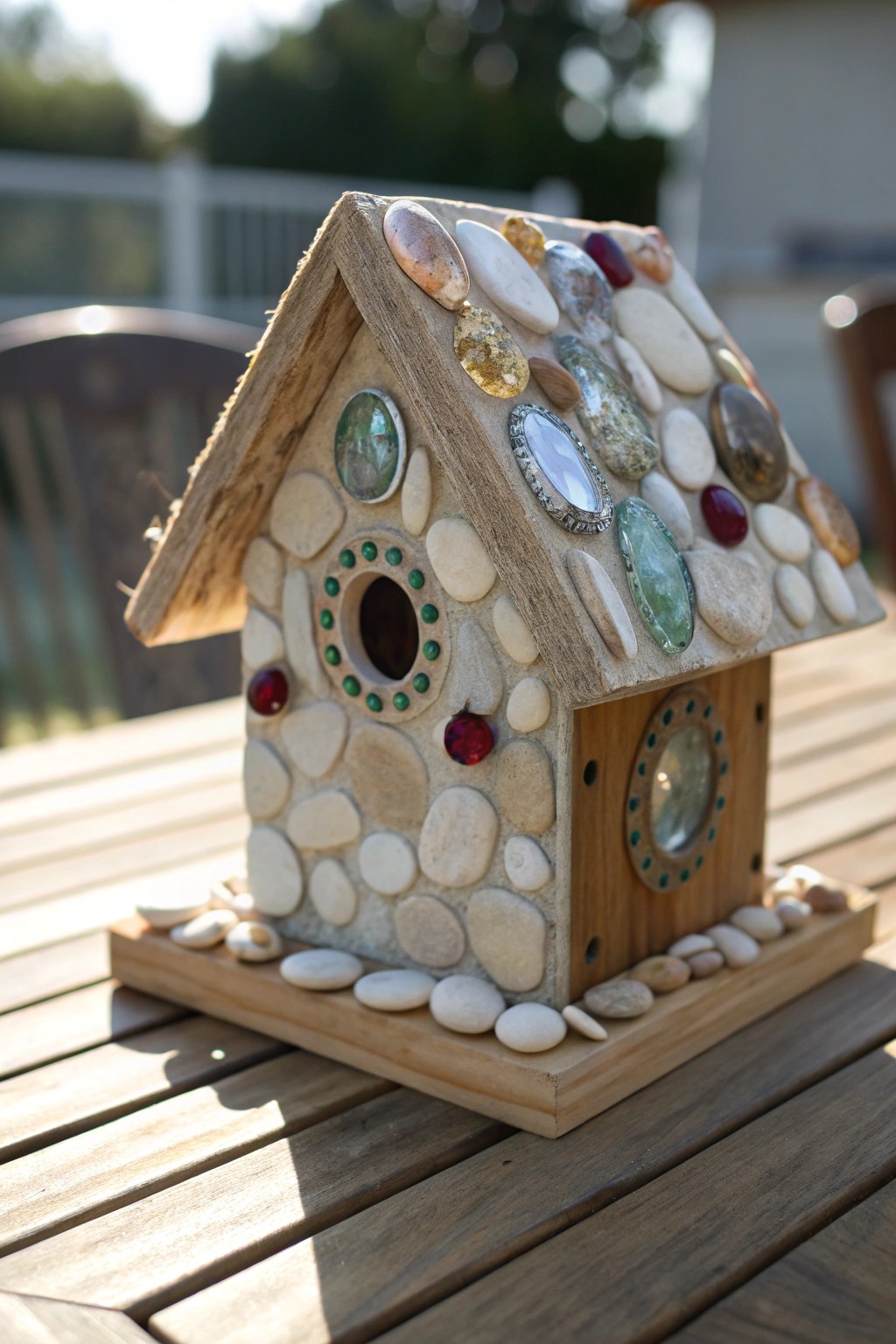 A sparkling pebble & glass mosaic turns a simple fairy house into a magical palace.