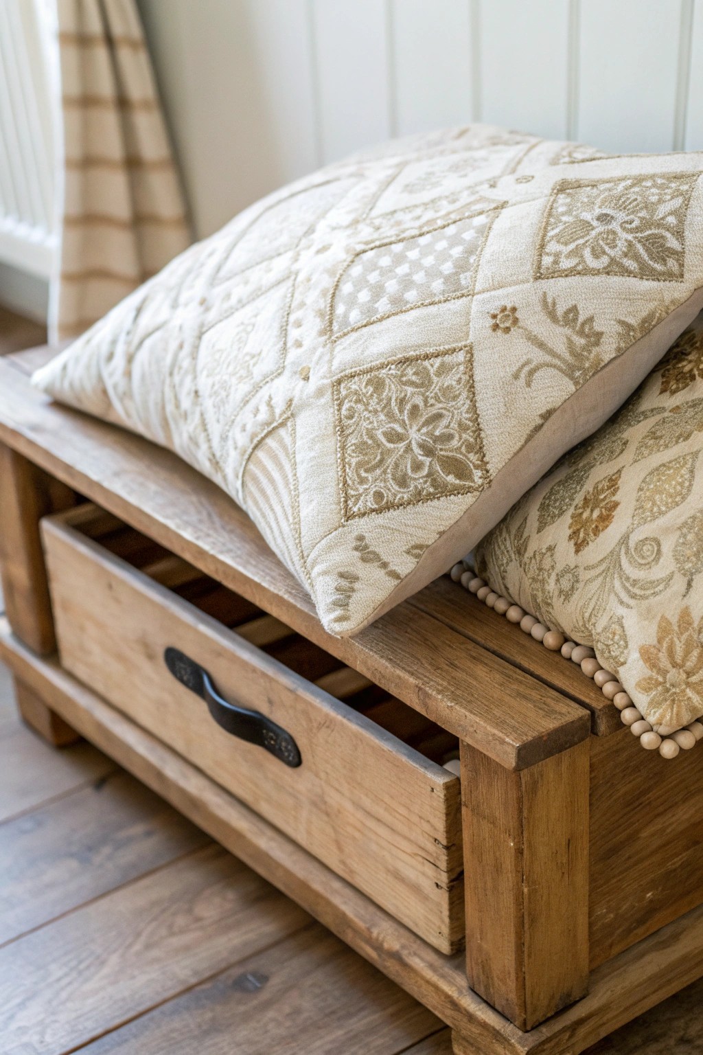 Timeless charm: old curtains reborn as a cozy cushion atop a crafted storage bench.