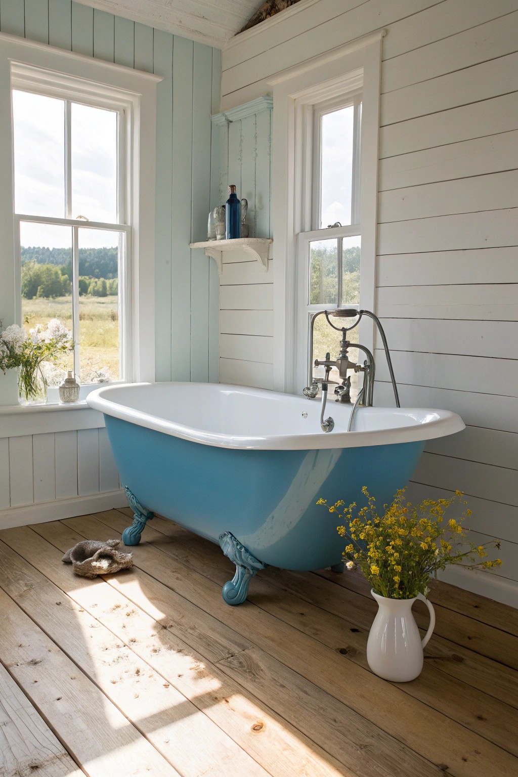 A sky blue tub adds a playful pop of color to this serene farmhouse bathroom.