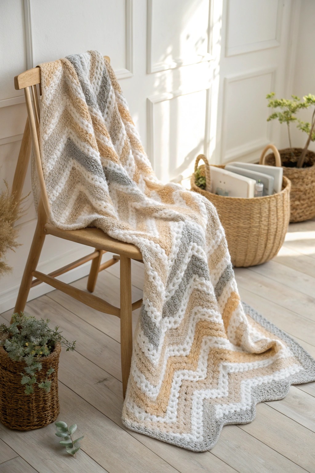 Elegant wavy herringbone crochet: cozy Scandinavian style for your nursery.