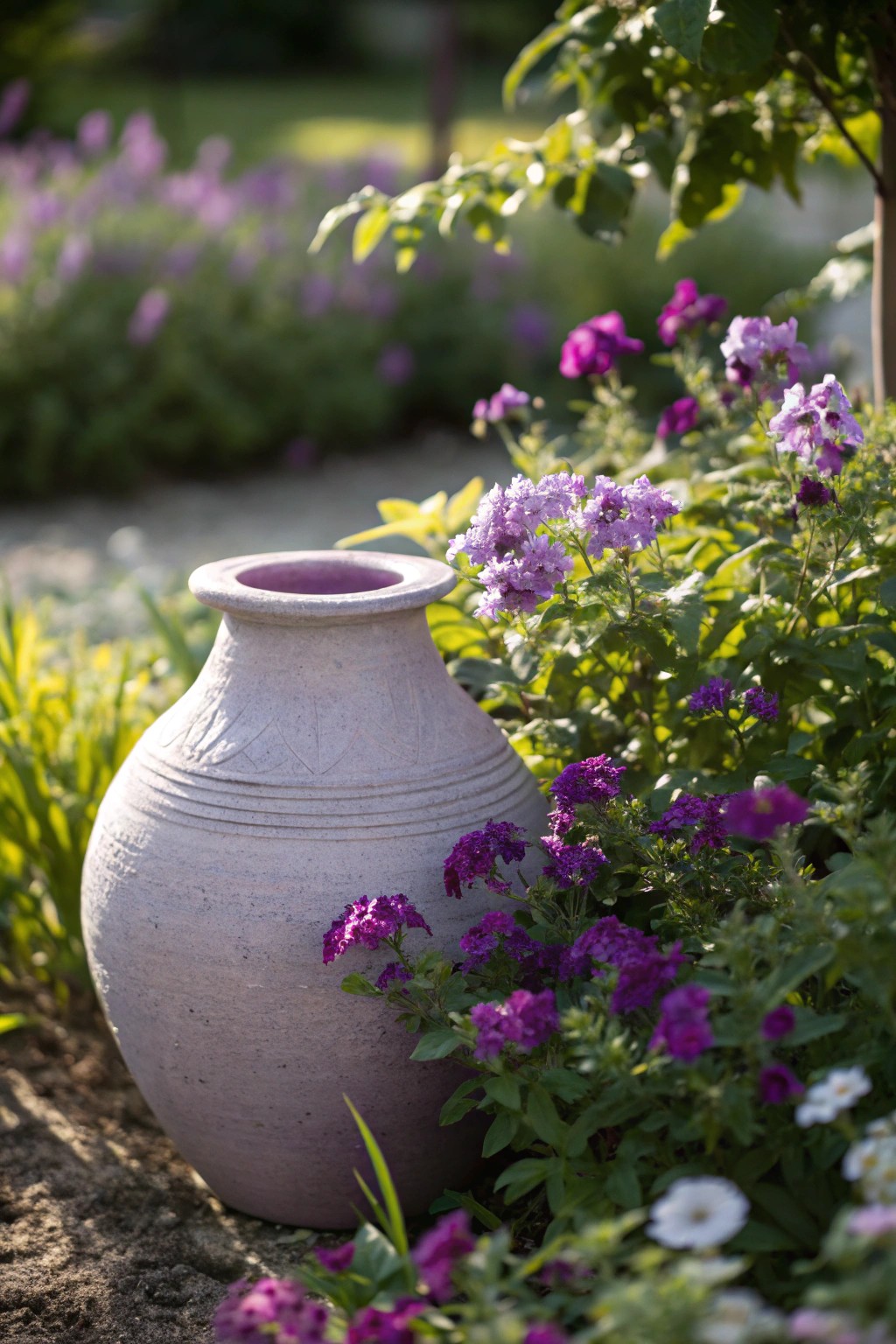 Celebrate bold beauty: a handcrafted purple vase anchors a dreamy, color-themed garden bed.