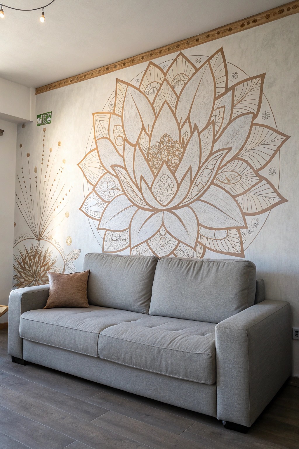 Transform your space with a hand-painted mural behind a sleek grey couch—where art meets relaxation.
