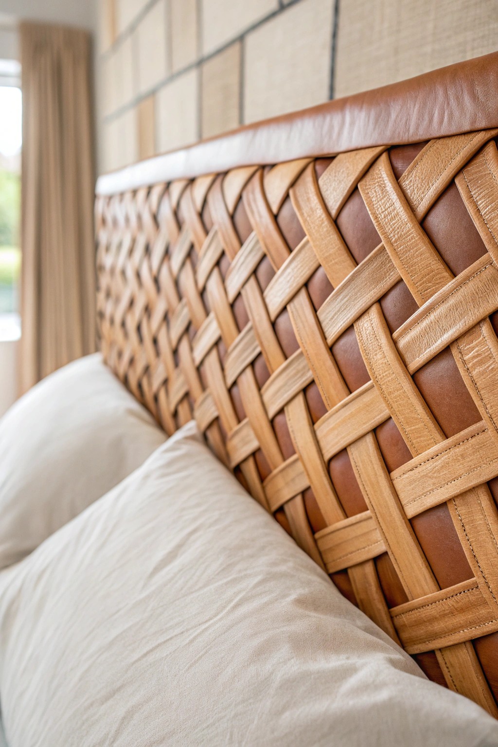 Elevate your bedroom with a headboard woven from natural leather belts—simple, striking, and beautifully crafted.