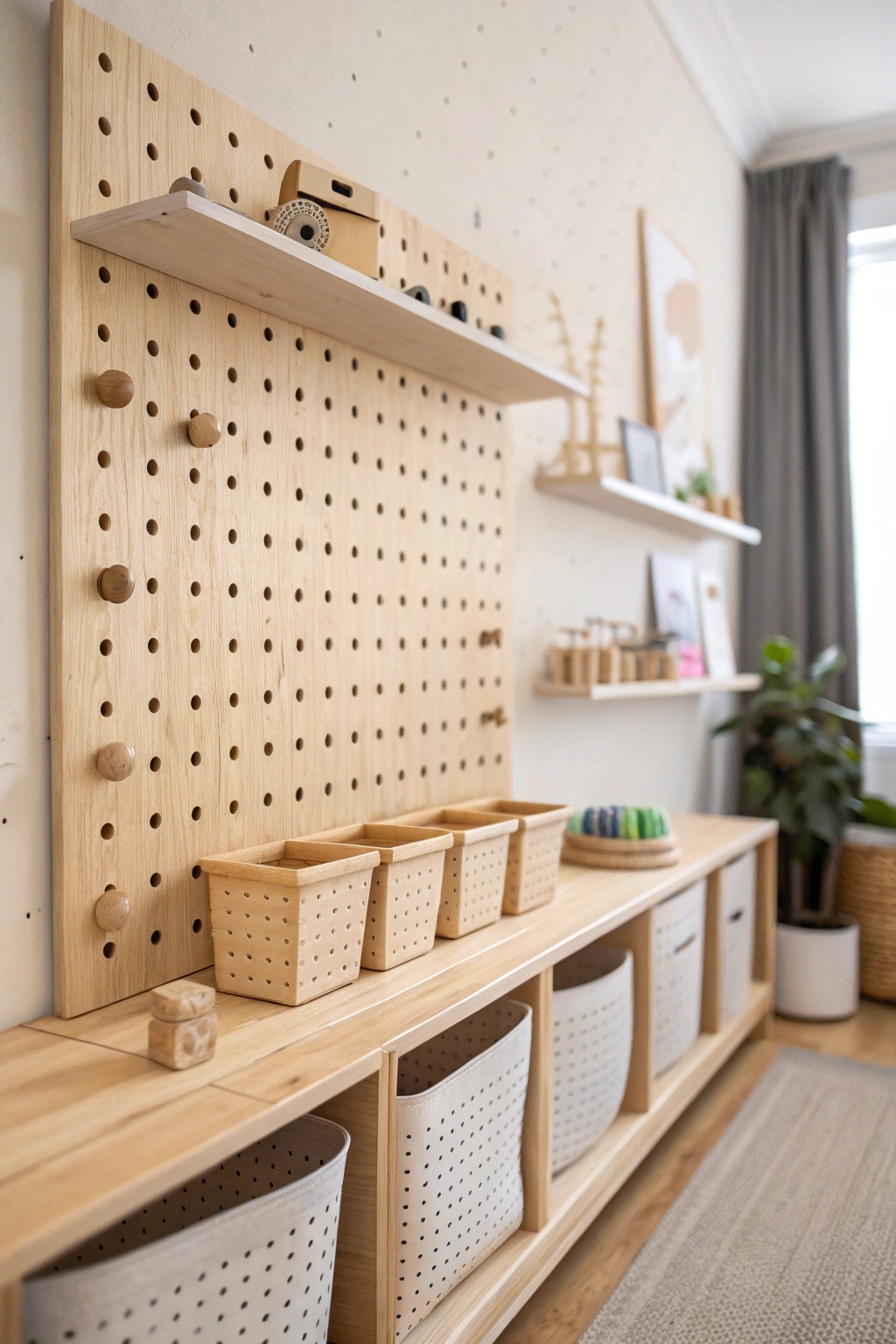 Endless possibilities: a modular pegboard wall brings natural beauty and smart storage to any kids room.