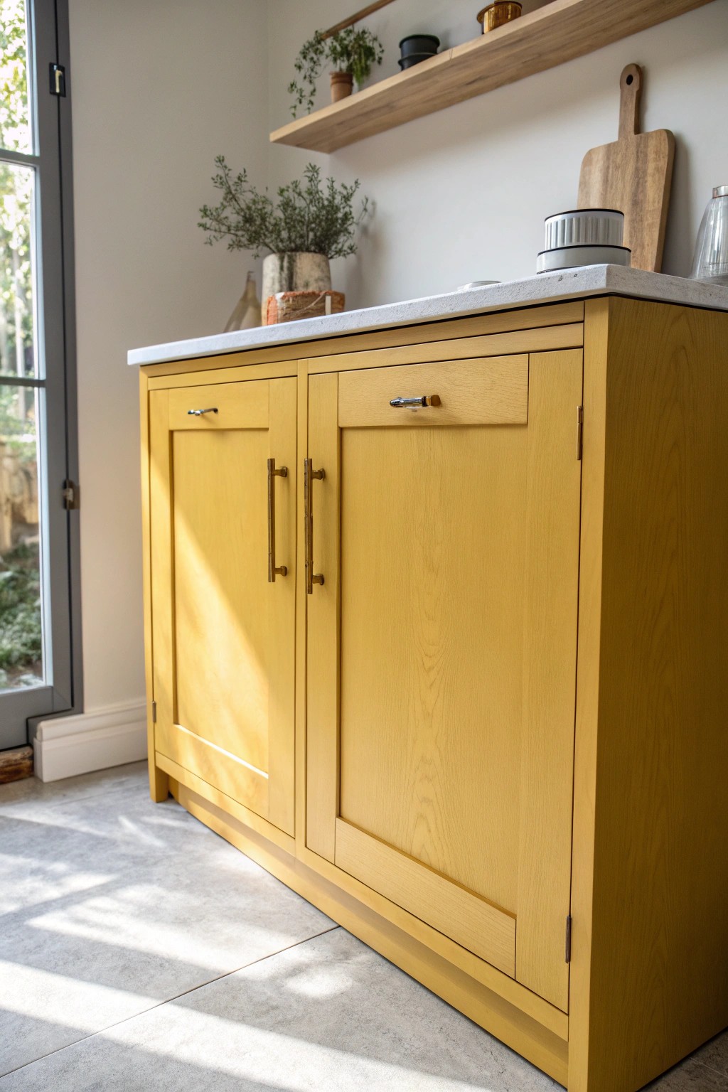 Elevate your space with the retro charm of bold mustard kitchen cabinets.