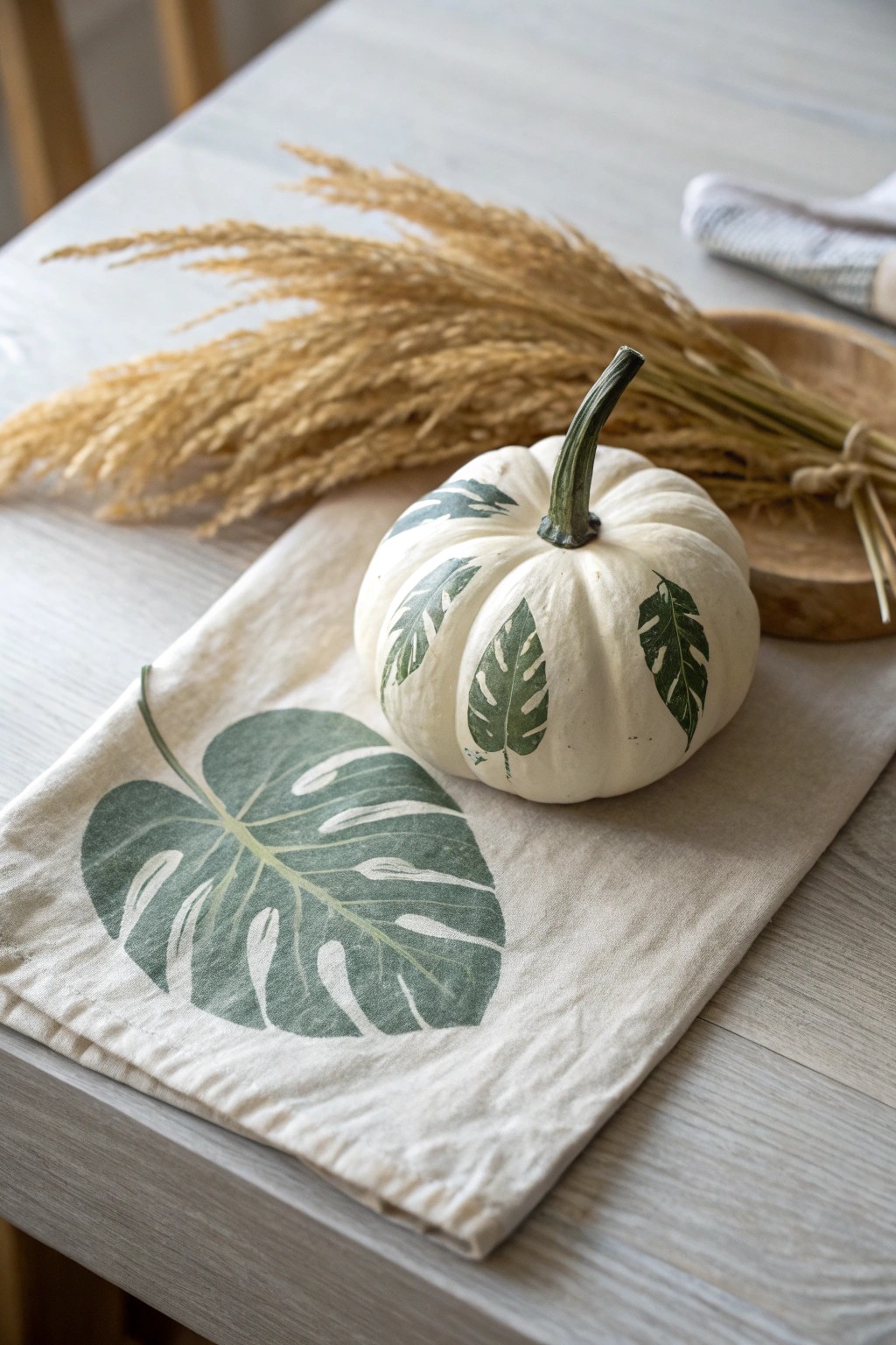 Bring a lush, tropical twist to autumn with a hand-painted monstera pumpkin.