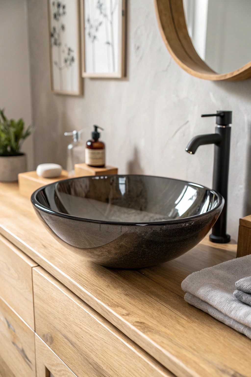 Embrace shadowy elegance: a smoky glass vessel sink transforms any bathroom into a serene, modern retreat.