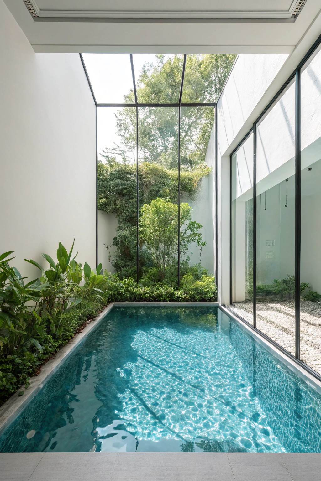 Modern elegance: a glass-walled pool that blends nature and design.