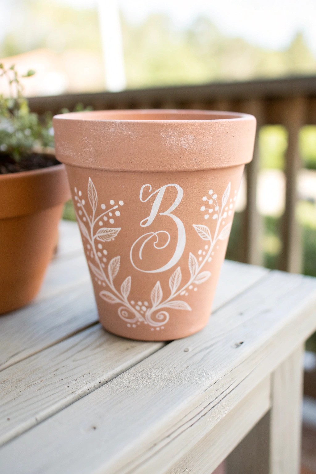 Make it yours: a hand-painted monogram pot with delicate botanical accents.