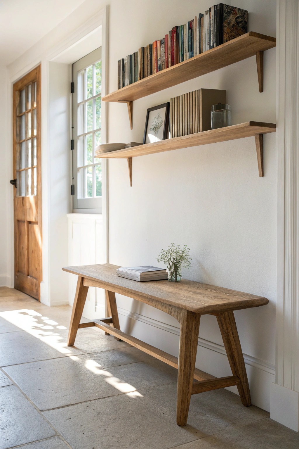 A slender wooden bench transforms a hallway into a serene library nook.