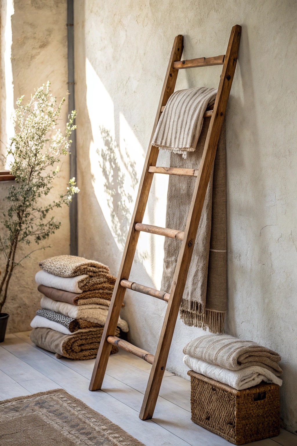 Turn a vintage ladder into a stunning, simple blanket rack—elevate your space with repurposed charm!