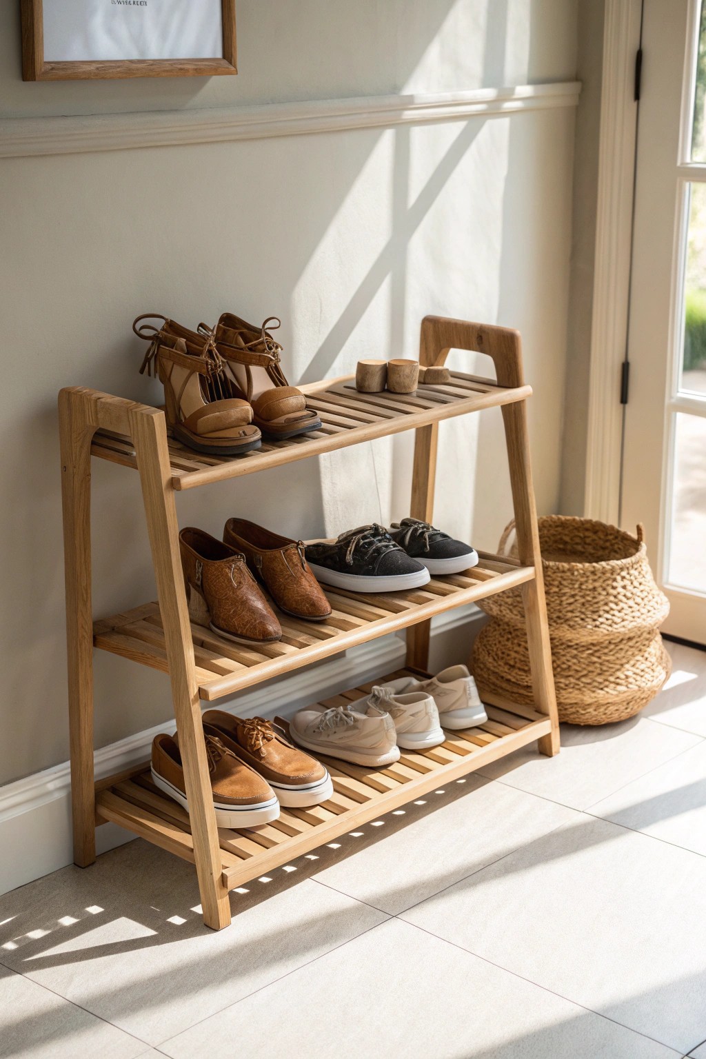 A handcrafted shoe rack keeps your space tidy and effortlessly stylish.
