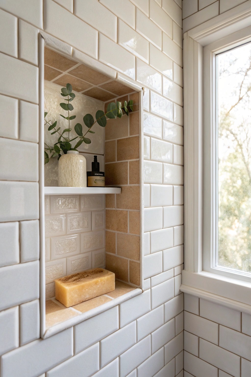 Elevate your small shower with a beautifully tiled built-in shelf—where style meets function.