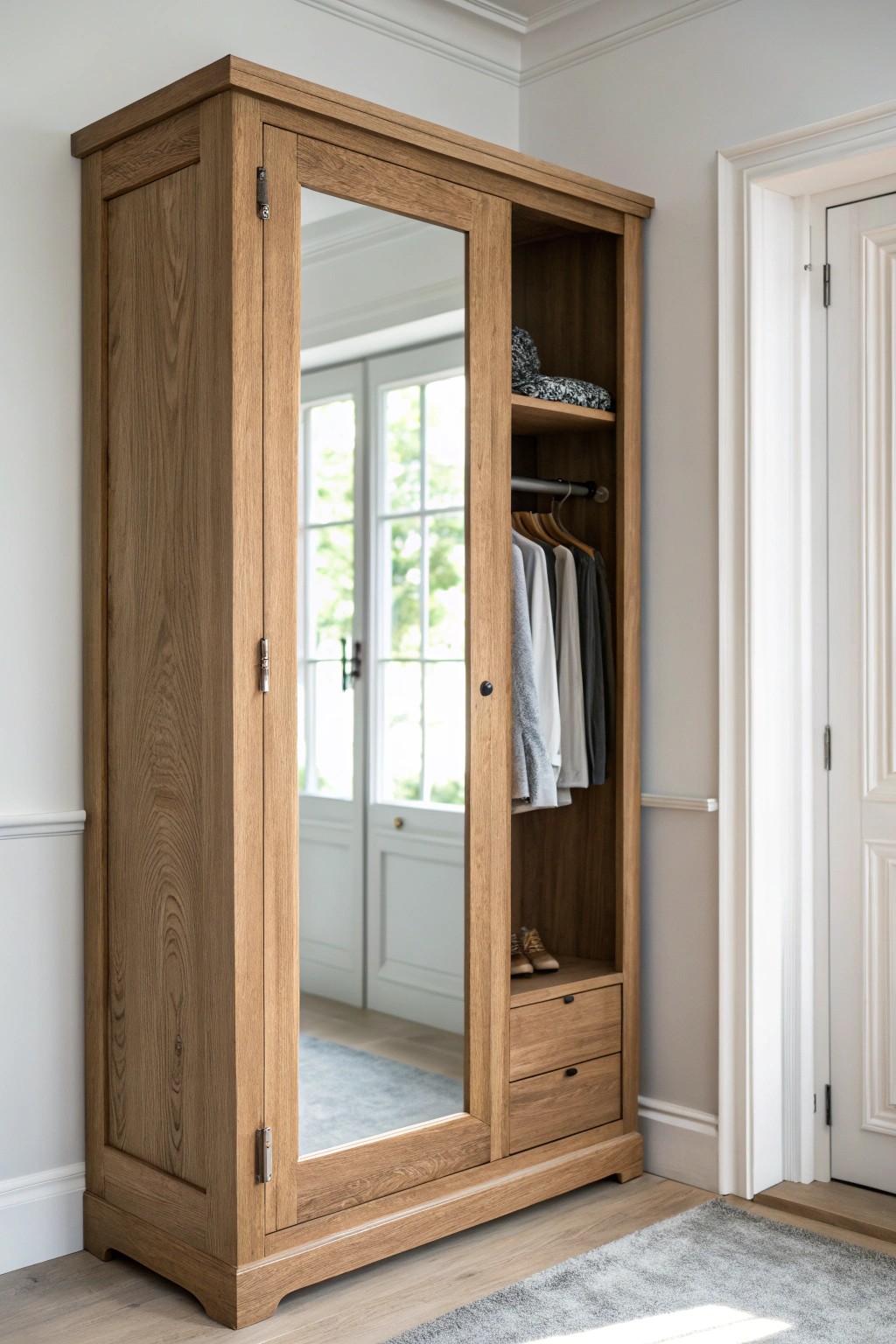 Maximize small closet space with a sleek mirror—simple, stylish, and functional.