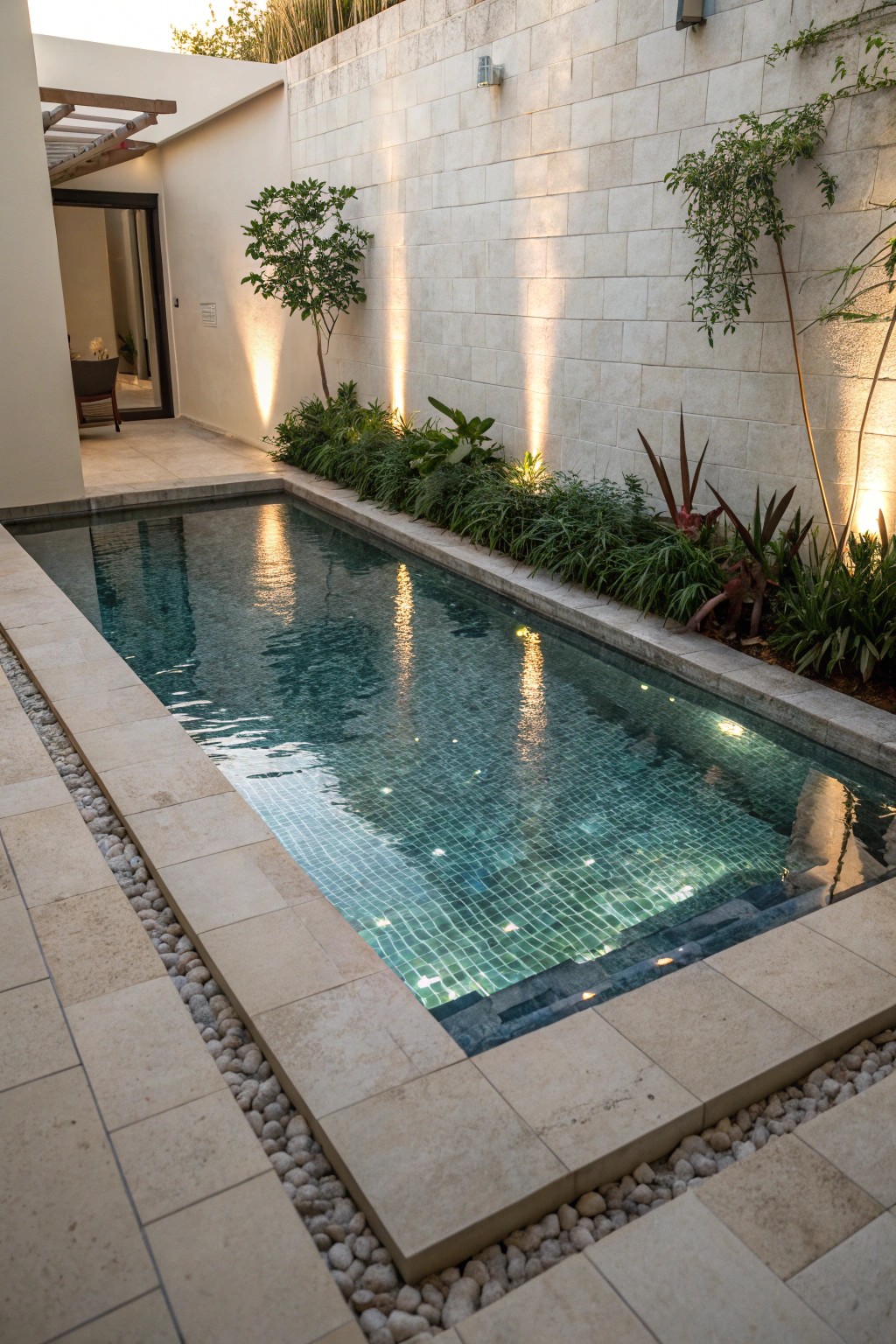 Mirror-like pool magic: Reflective tiles double the beauty in a small space.